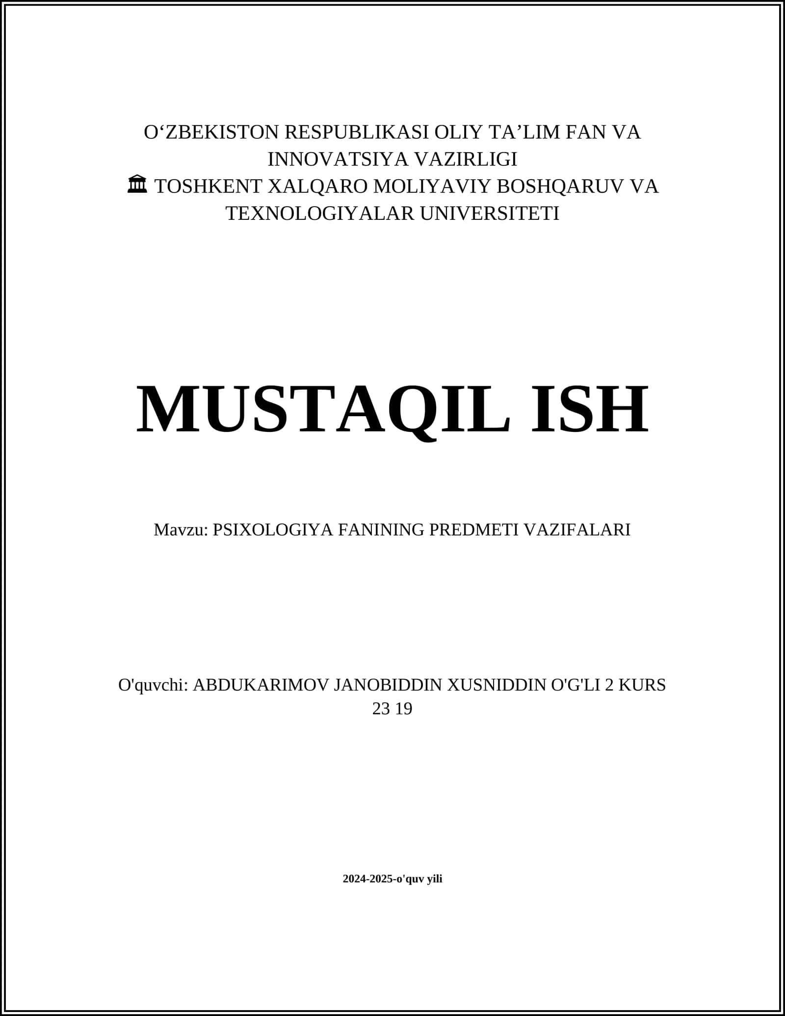 PSIXOLOGIYA FANINING PREDMETI VAZIFALARI