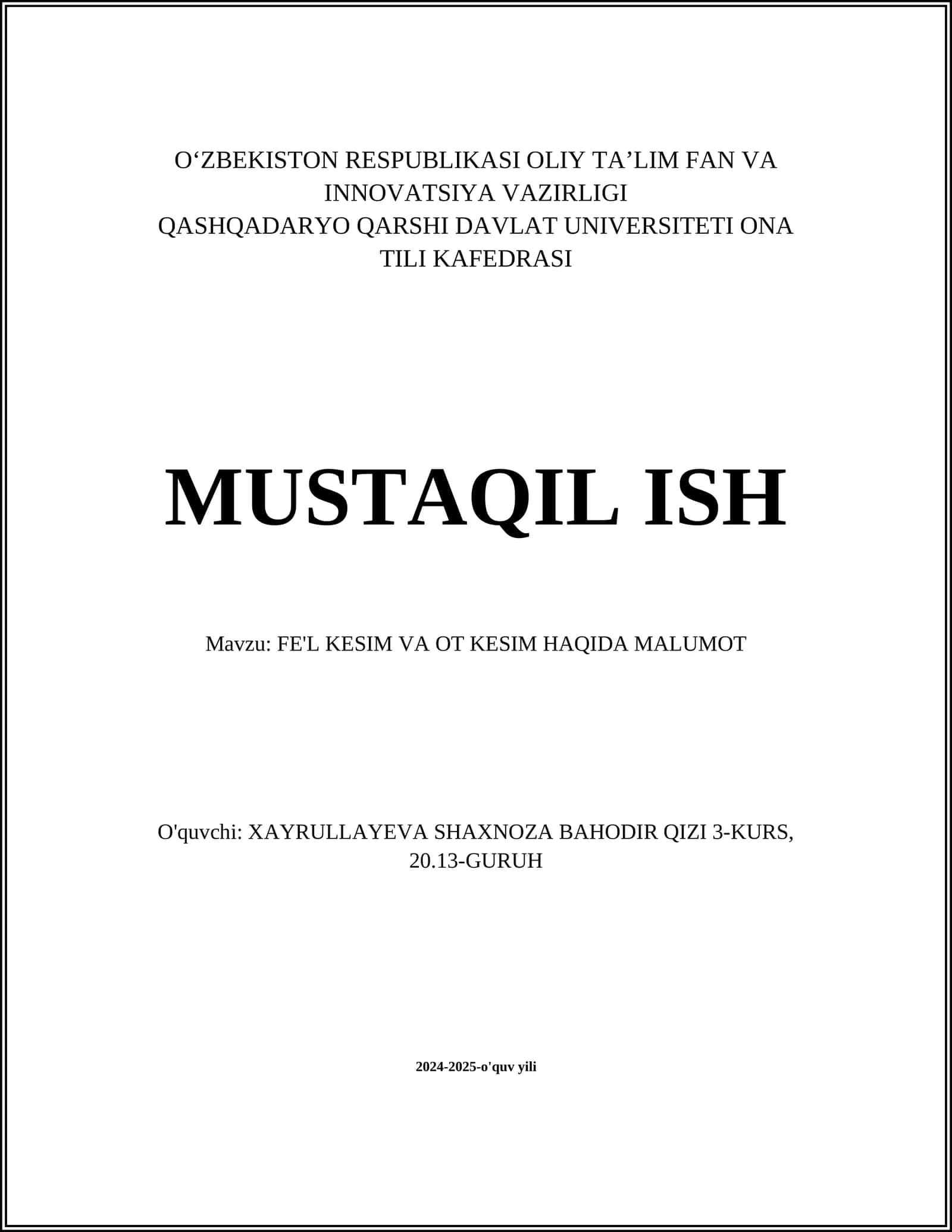FE'L KESIM VA OT KESIM HAQIDA MALUMOT