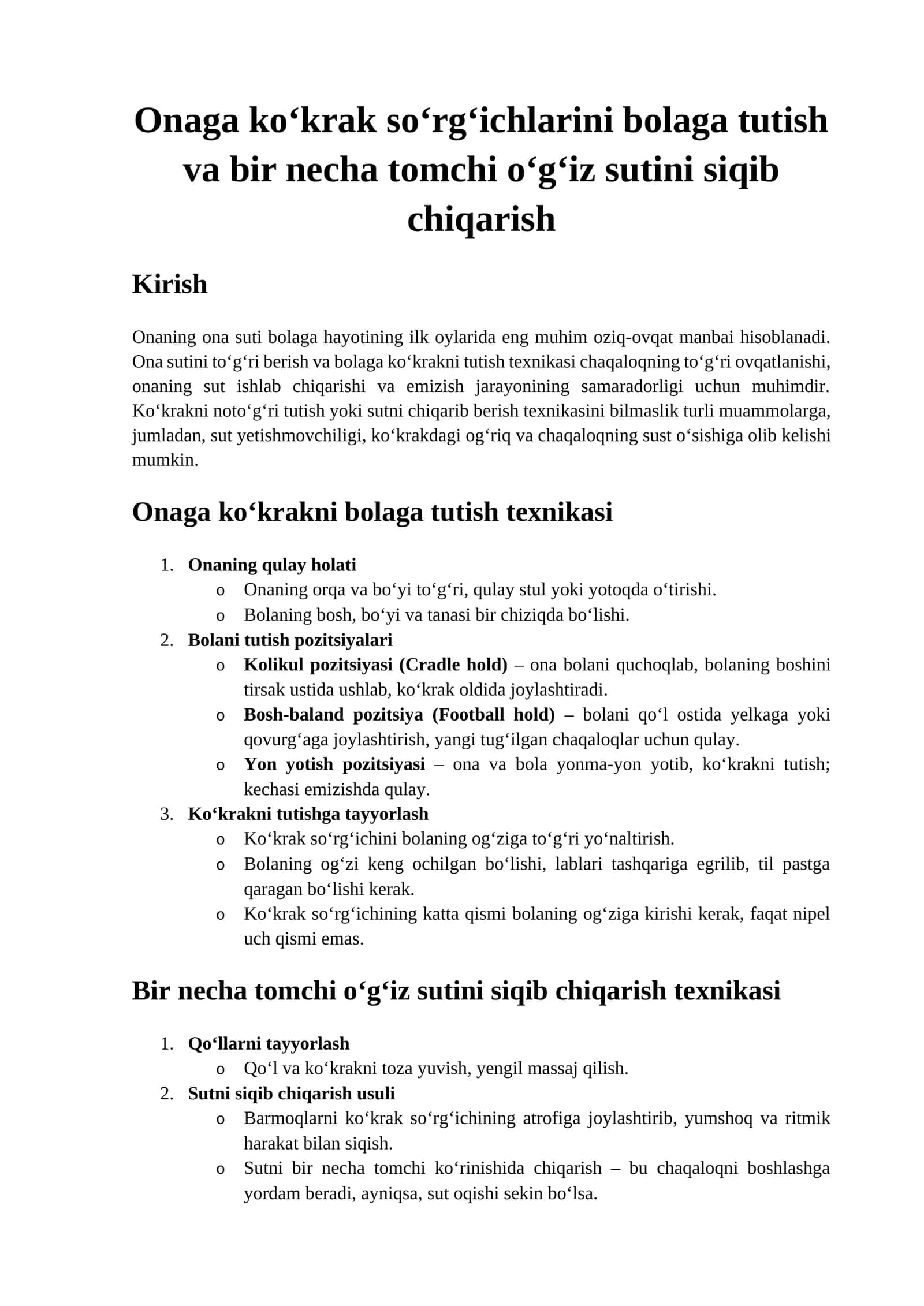 Onaga ko‘krakni bolaga tutish texnikasi