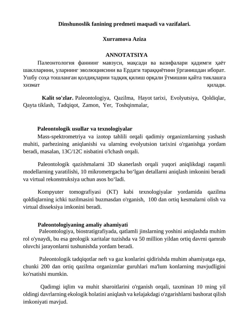 Paleontologiya fanining predmeti va maqsadi