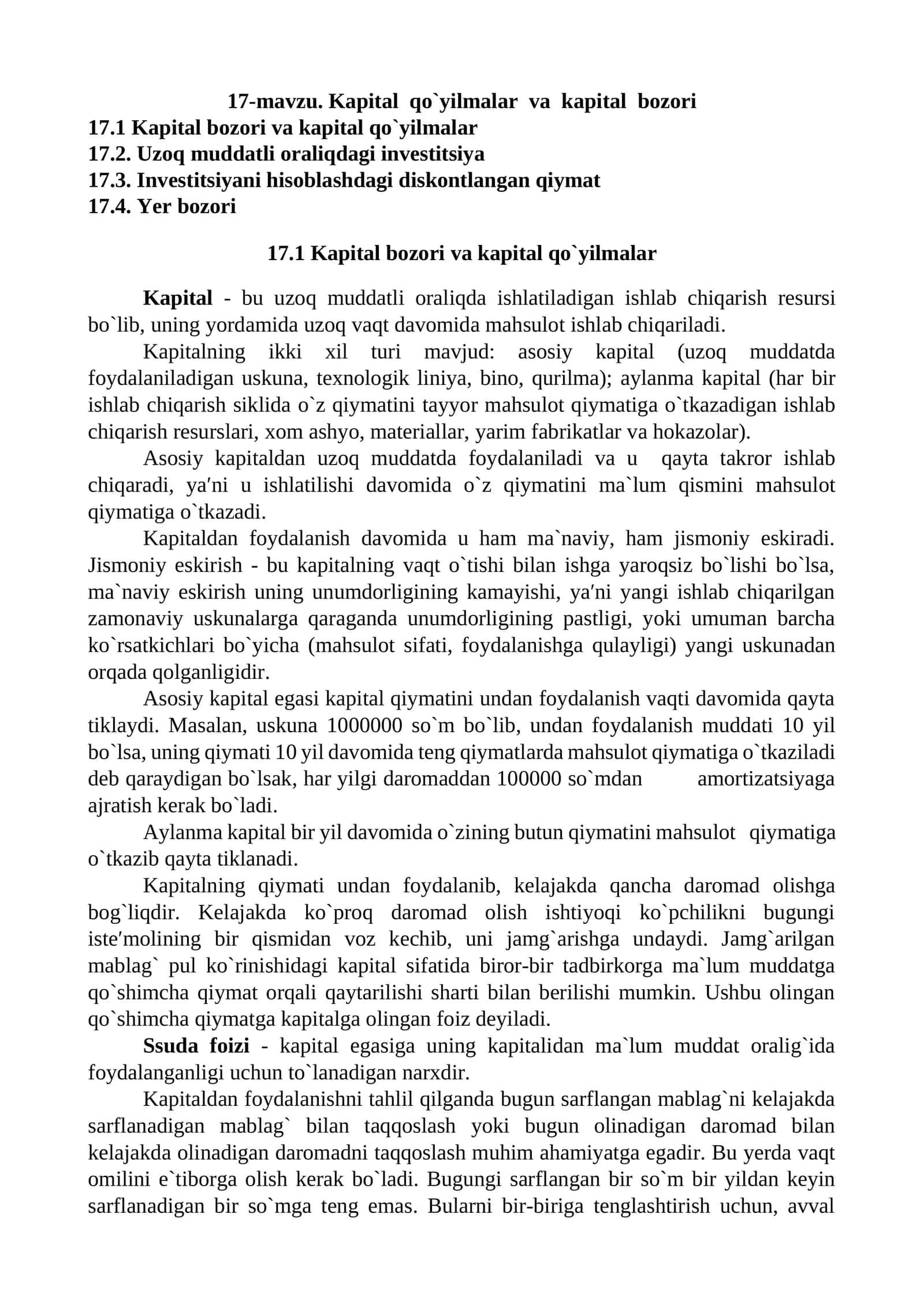 Kapital qo`yilmalar va kapital bozori