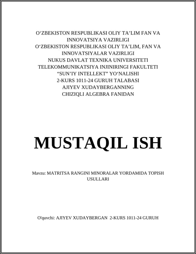MATRITSA RANGINI MINORALAR YORDAMIDA TOPISH USULLARI