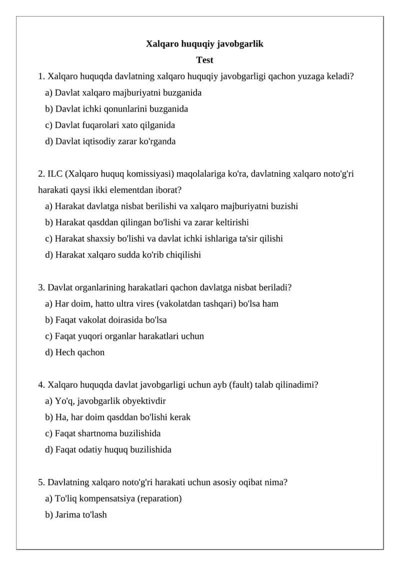 Xalqaro huquqiy javobgarlik Test