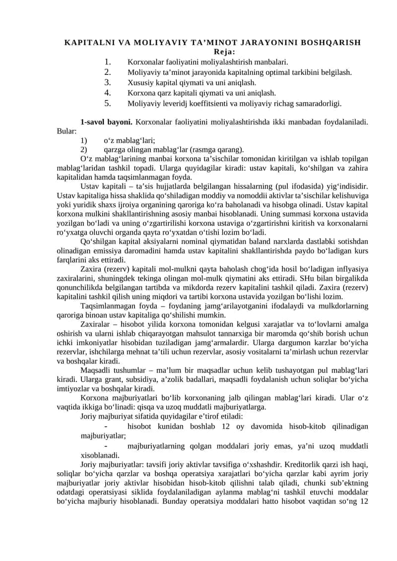 KAPITALNI VA MOLIYAVIY TA’MINOT JARAYONINI BOSHQARISH
