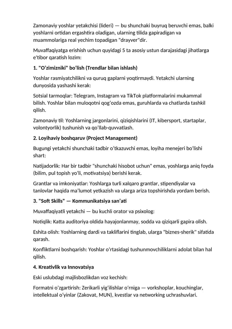 Zamonaviy yoshlar yetakchisi (lideri)