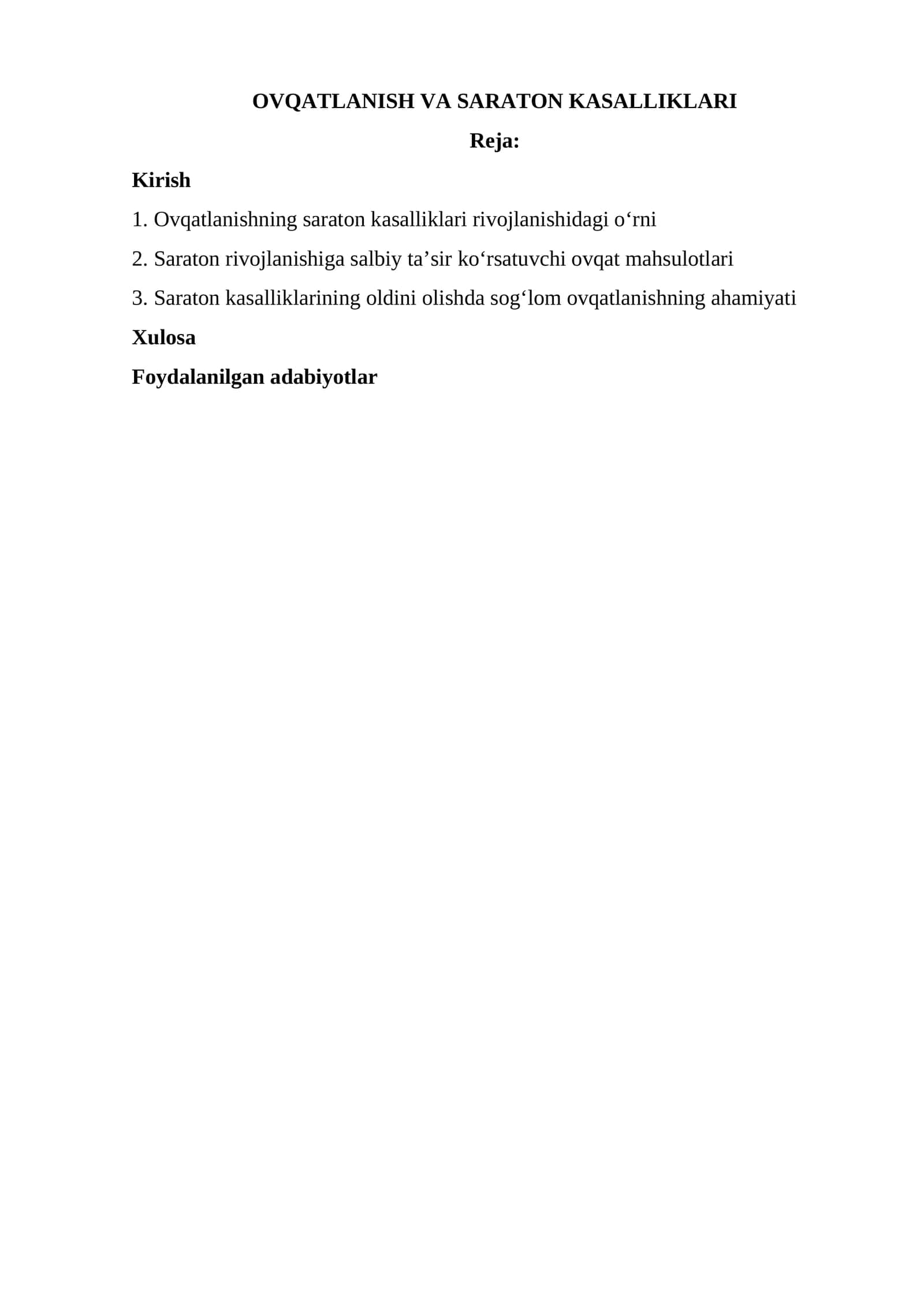 OVQATLANISH VA SARATON KASALLIKLARI