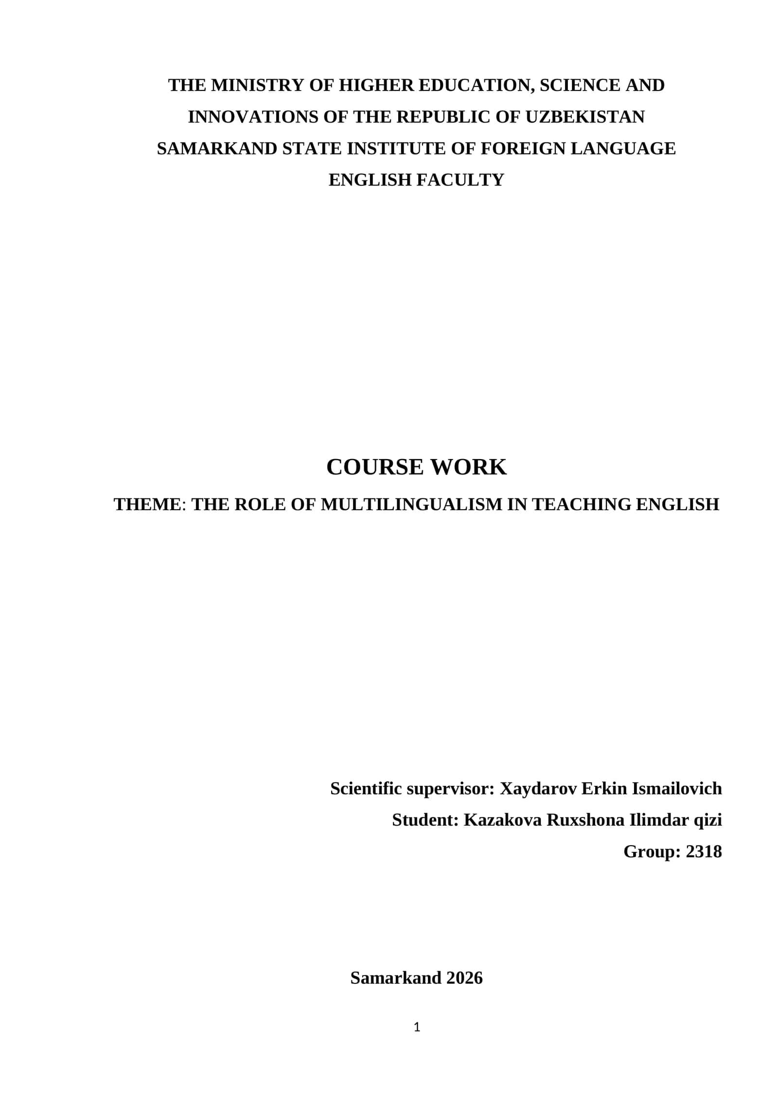 COURSE WORK: THE ROLE OF MULTILINGUALISM IN TEACHING ENGLISH