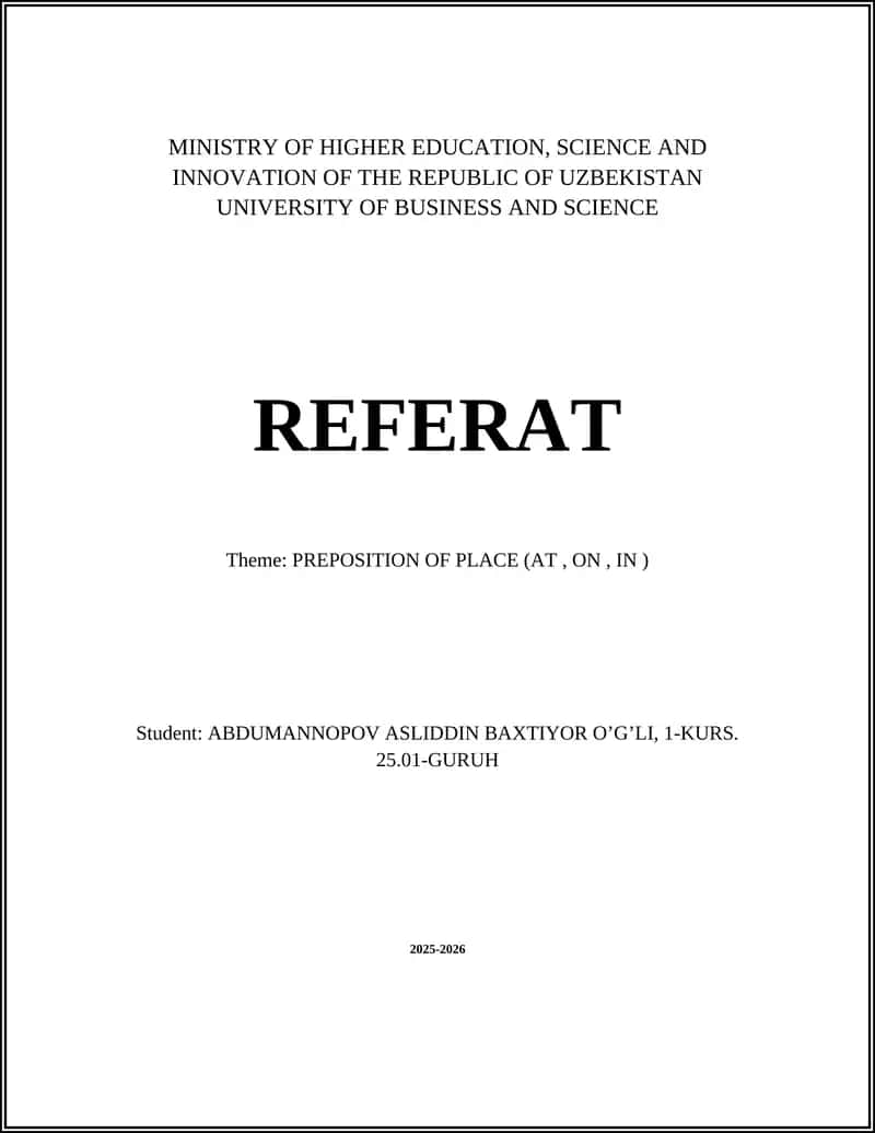 PREPOSITION OF PLACE (AT, ON, IN )