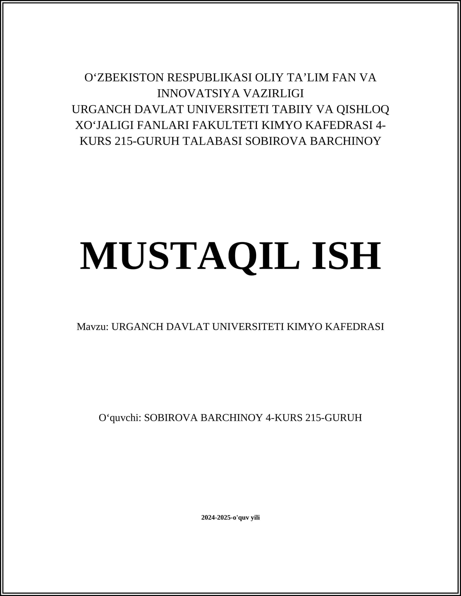 URGANCH DAVLAT UNIVERSITETI KIMYO KAFEDRASI