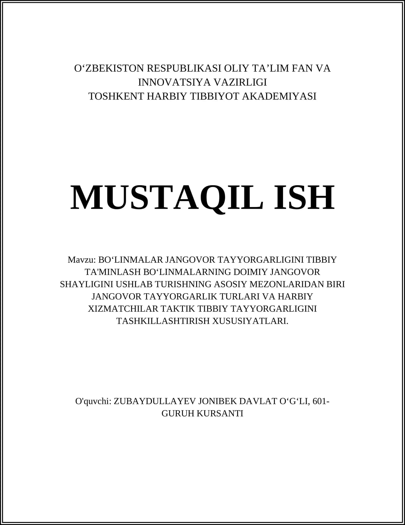 BOʻLINMALAR JANGOVOR TAYYORGARLIGINI TIBBIY TA'MINLASH BOʻLINMALARNING DOIMIY JANGOVOR SHAYLIGINI USHLAB TURISHNING ASOSIY MEZONLARIDAN BIRI JANGOVOR TAYYORGARLIK TURLARI VA HARBIY XIZMATCHILAR TAKTIK TIBBIY TAYYORGARLIGINI TASHKILLASHTIRISH XUSUSIYATLARI