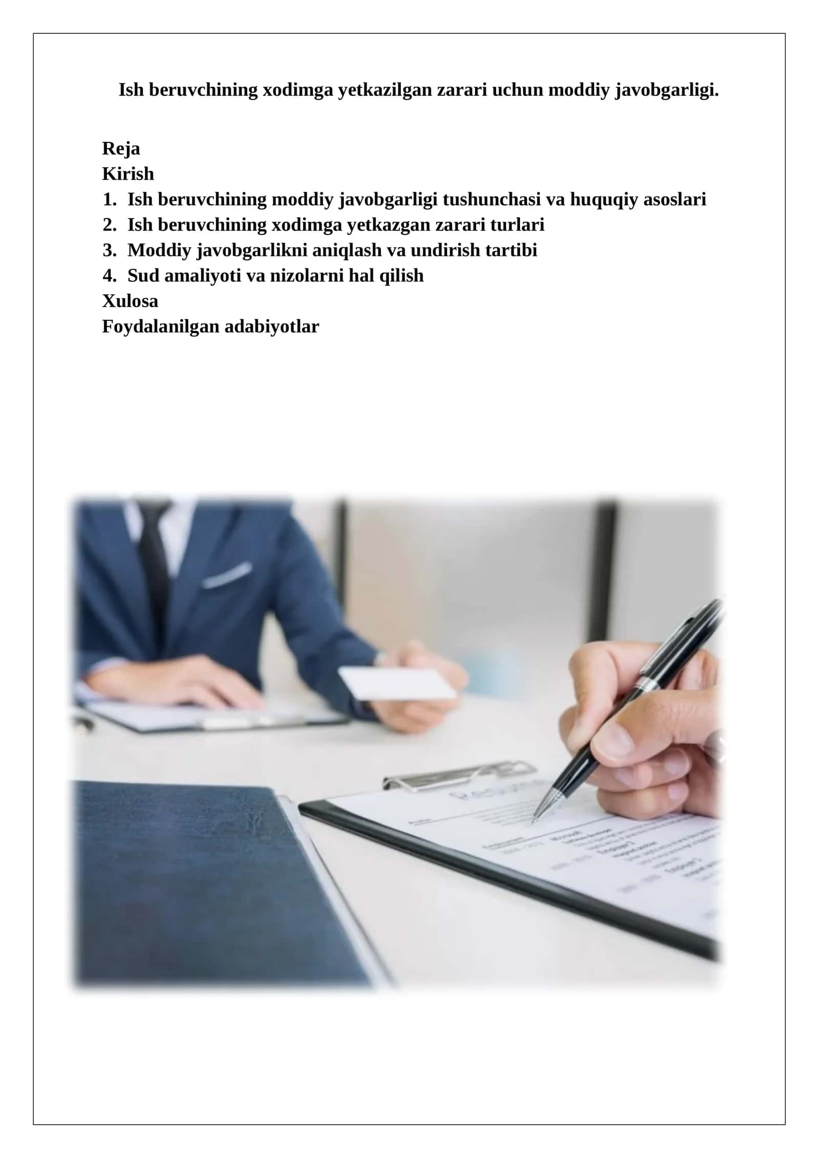 Ish beruvchining moddiy javobgarligi va xodimga zararlar turlari