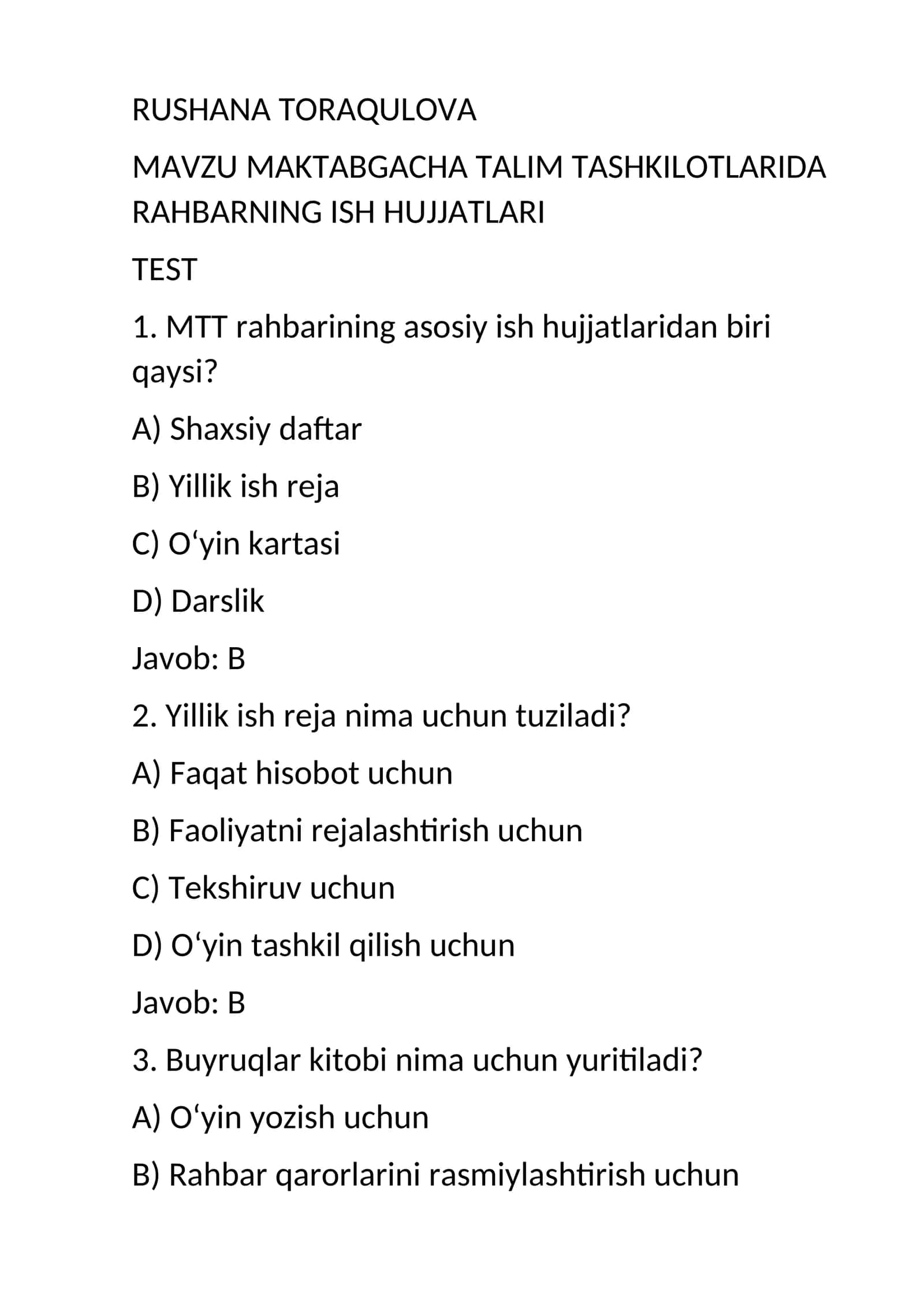 MAKTABGACHA TALIM TASHKILOTLARIDA RAHBARNING ISH HUJJATLARI