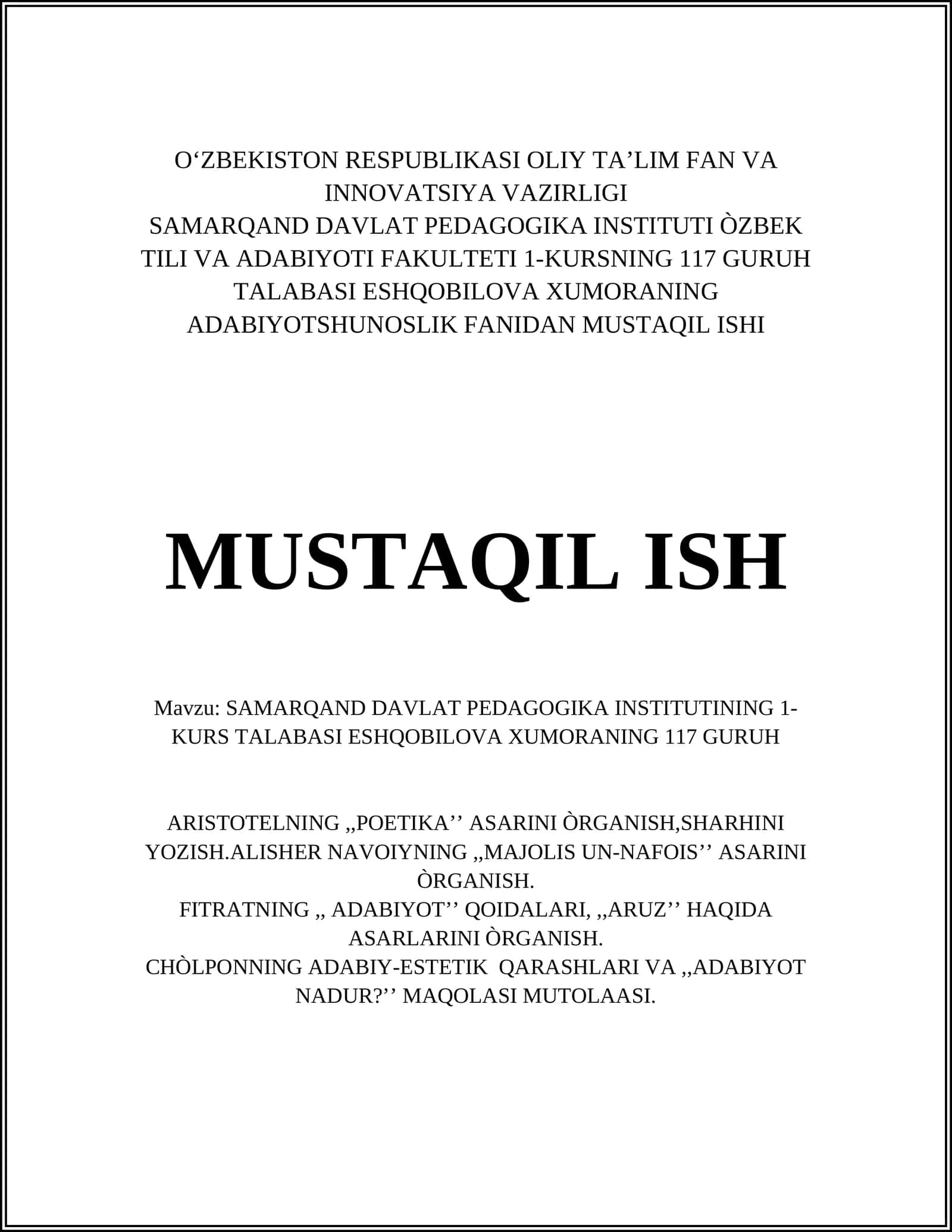 "Poetika" va "Majolis un-nafois" asarlari