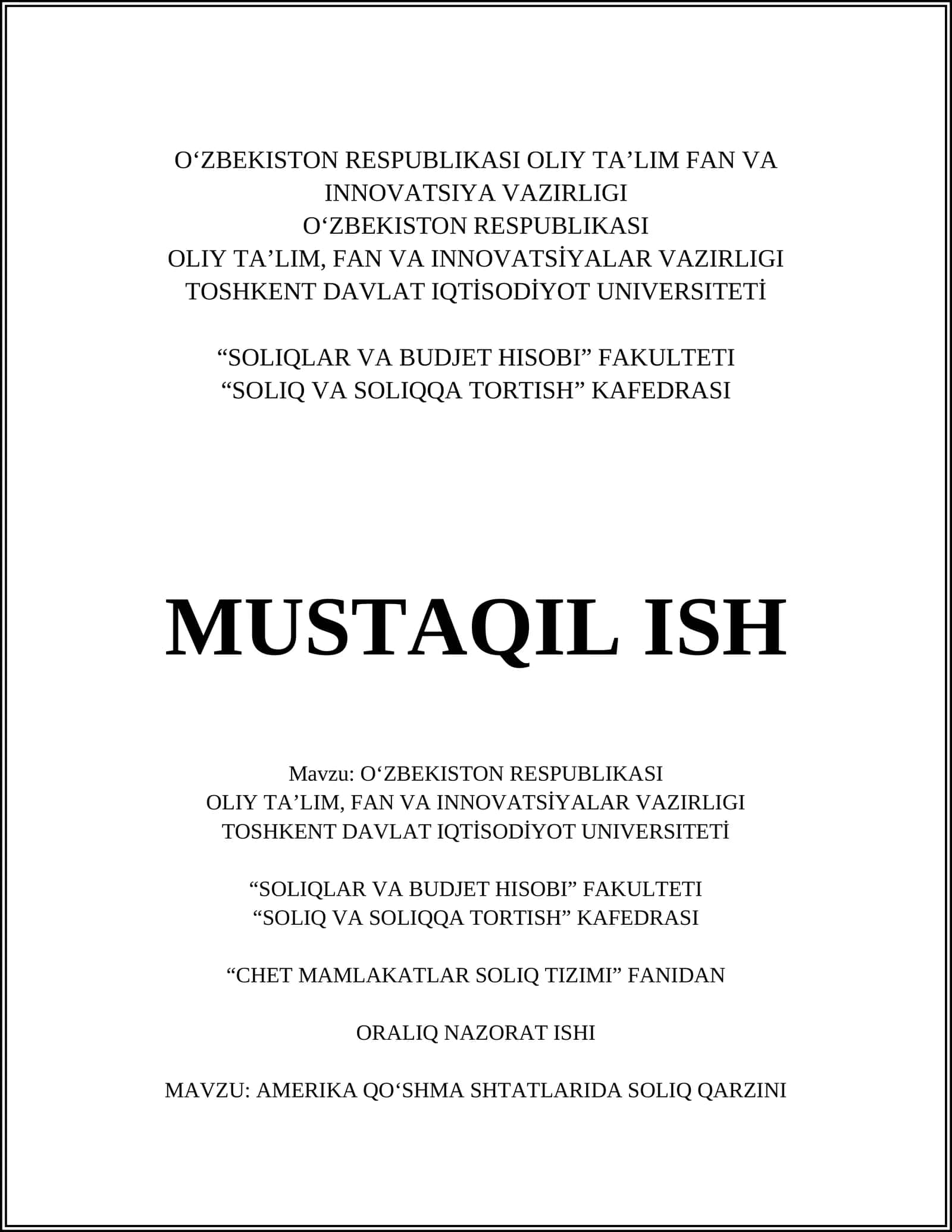 AMERIKA QO‘SHMA SHTATLARIDA SOLIQ QARZINI UNDIRISH TARTIBI