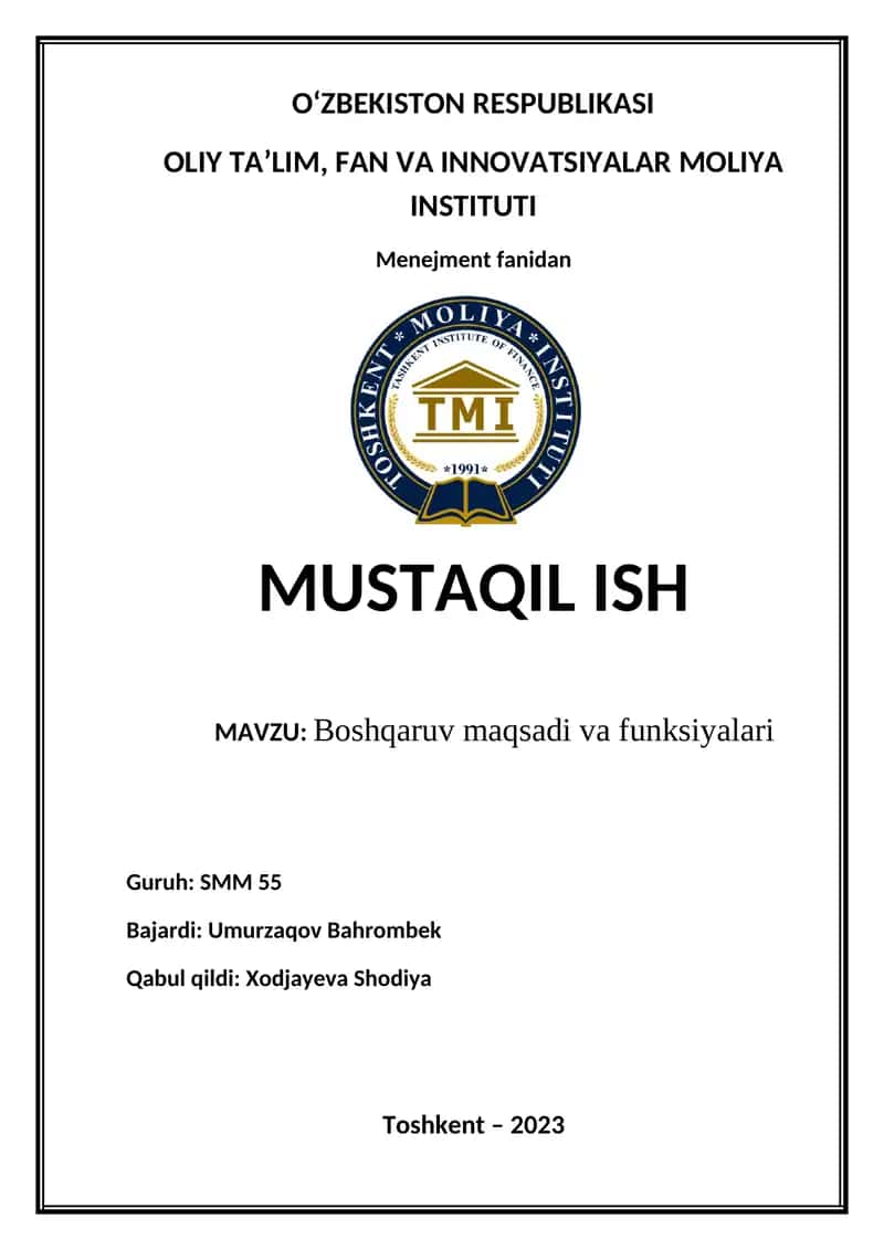 Boshqaruv maqsadi va funksiyalari