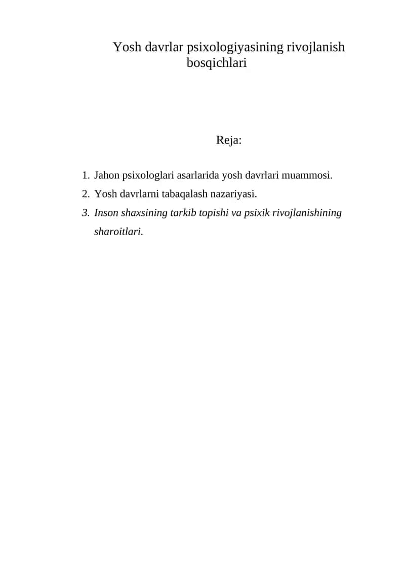Yosh davrlar psixologiyasining rivojlanish bosqichlari