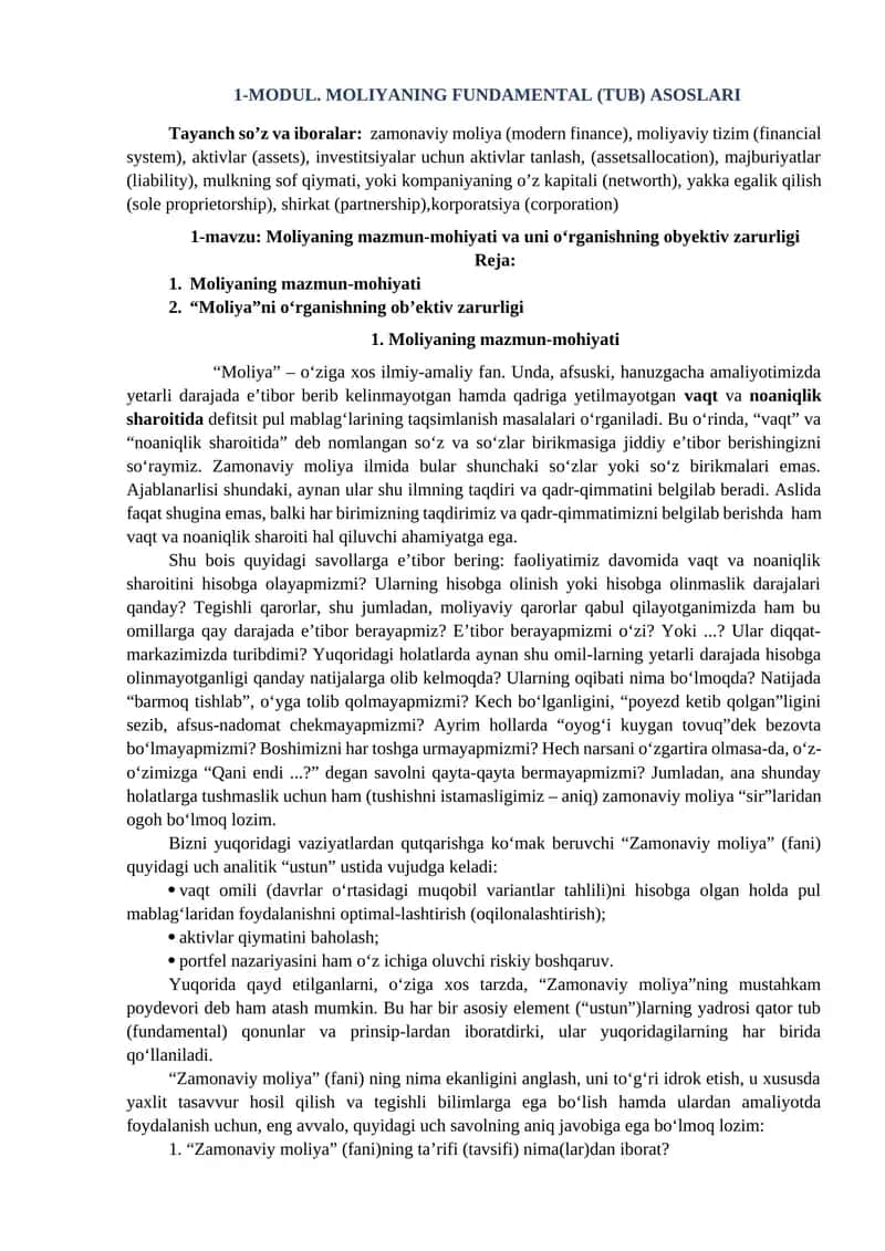 1-MODUL. MOLIYANING FUNDAMENTAL (TUB) ASOSLARI
