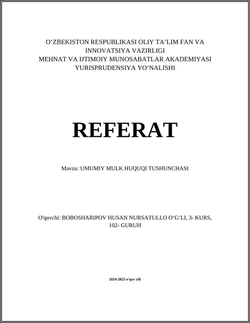 UMUMIY MULK HUQUQI TUSHUNCHASI