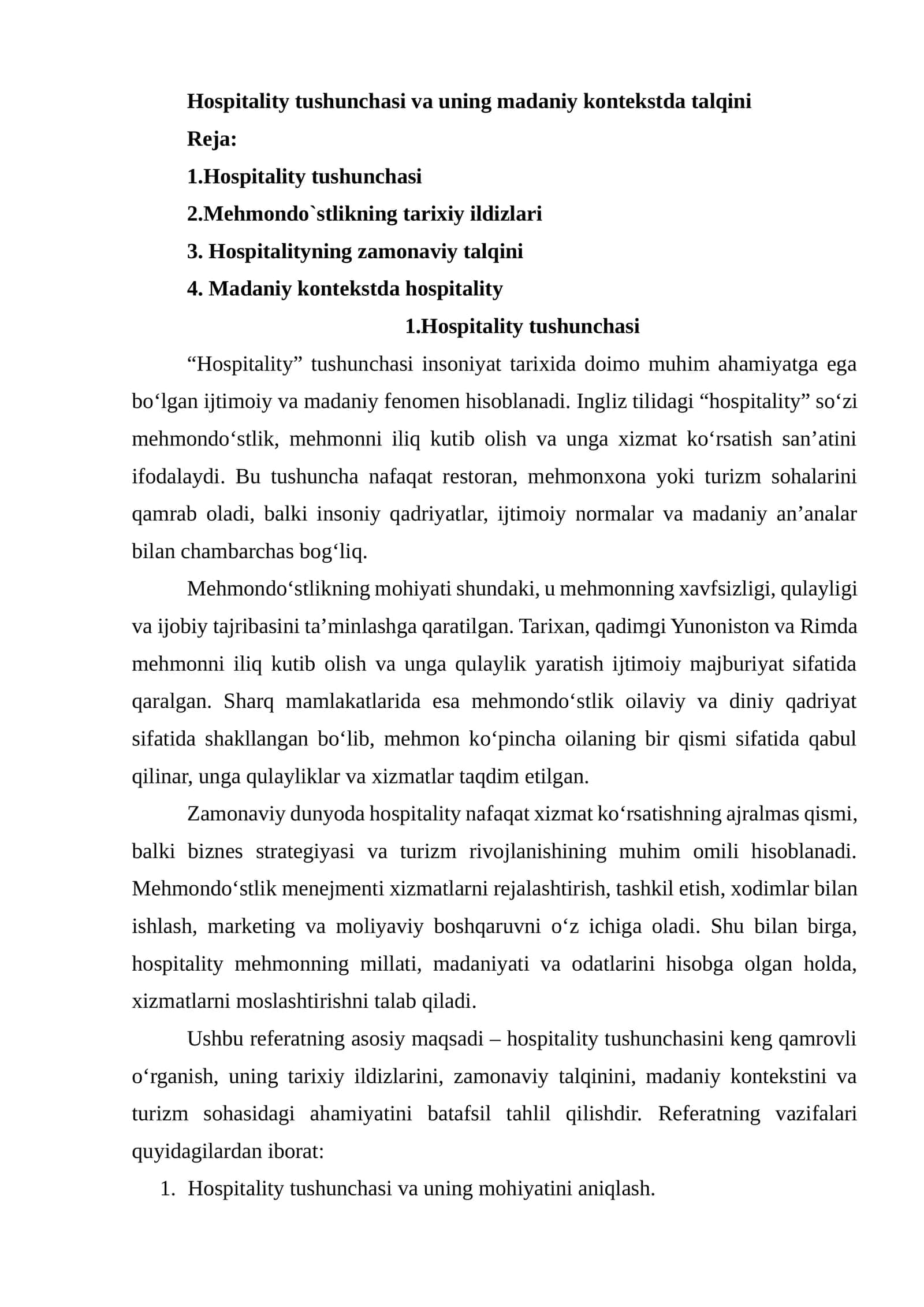 Hospitality tushunchasi va uning madaniy kontekstda talqini