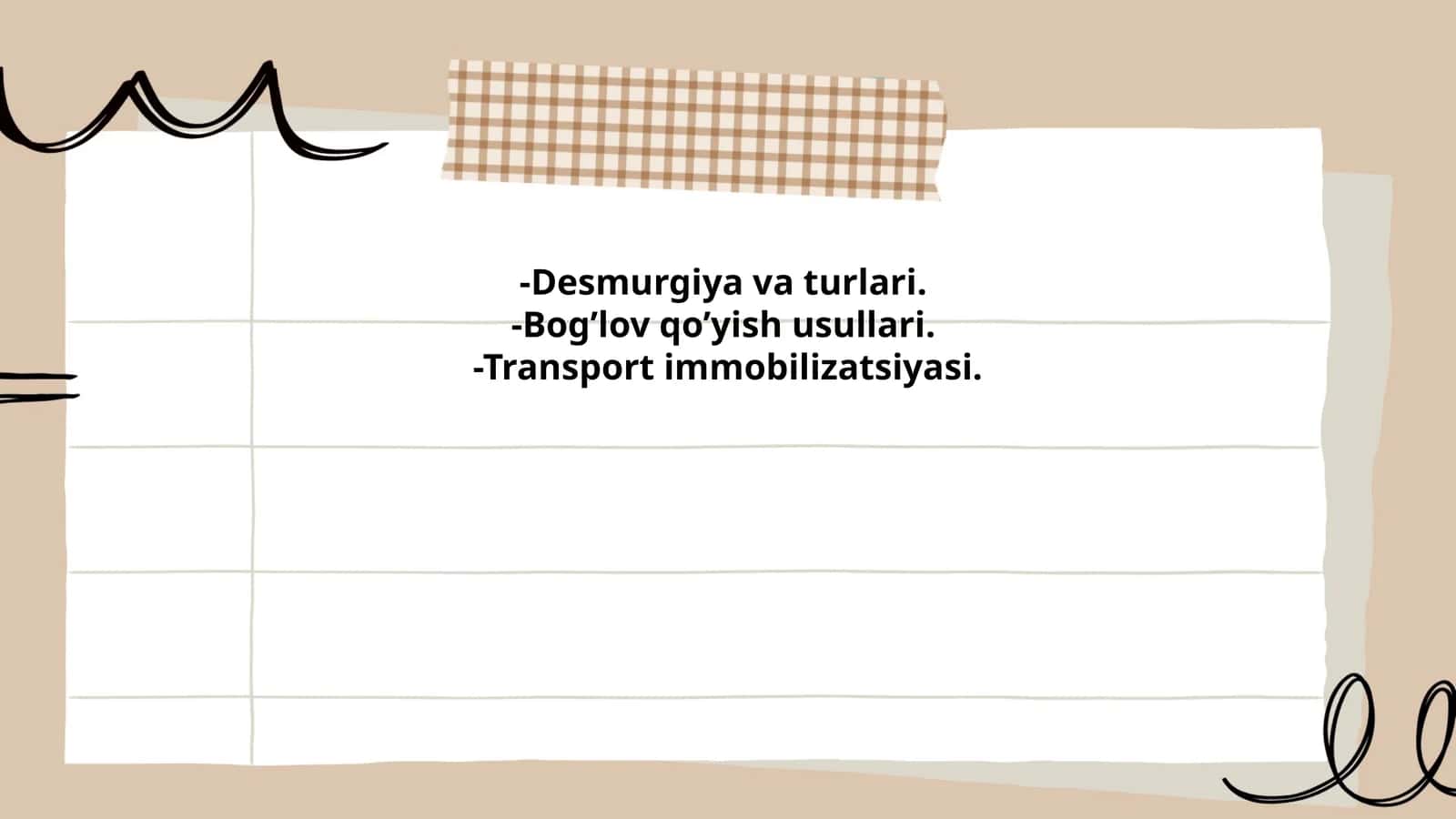 Desmurgiya va turlari. Bog’lov qo’yish usullari. Transport immobilizatsiyasi