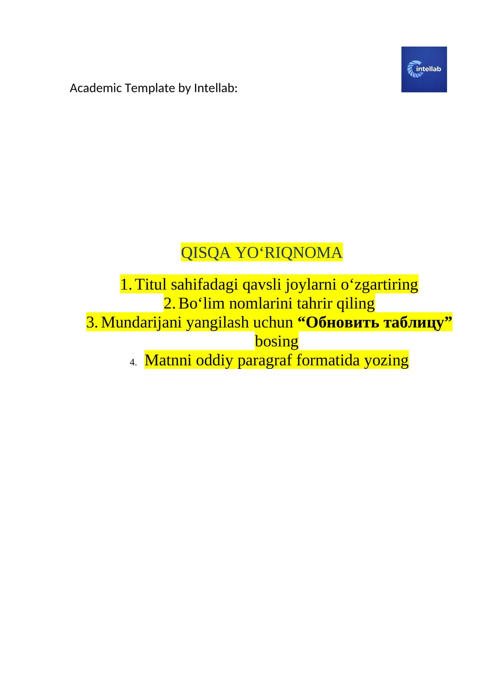 Kurs ishi Word shabloni (OTM standarti, avtomatik mundarija va format)