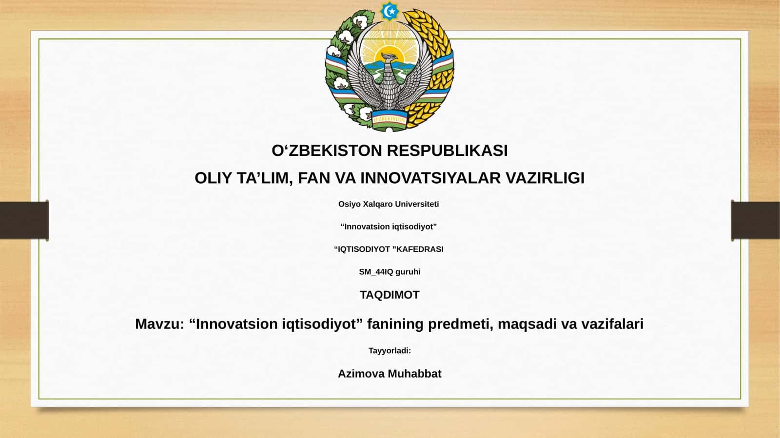 Innovatsion iqtisodiyot fanining predmeti, maqsadi va vazifalari