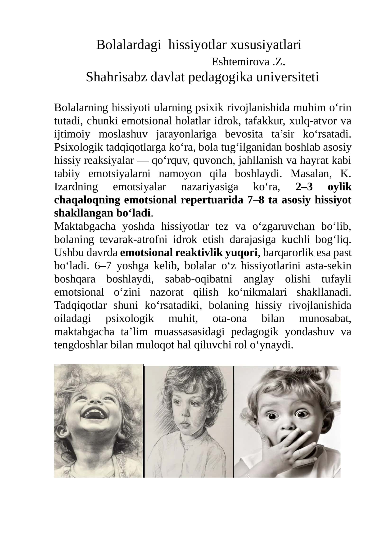 Bolalardagi hissiyotlar xususiyatlari