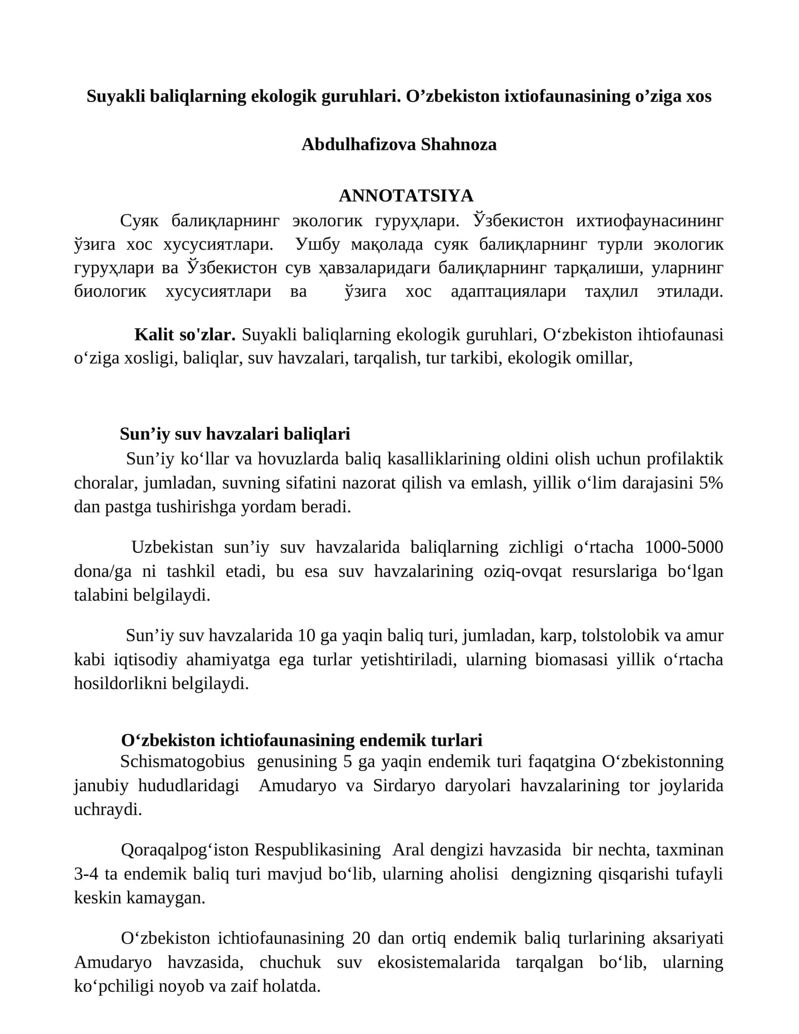 Suyakli baliqlarning ekologik guruhlari. O’zbekiston ixtiofaunasining o’ziga xos