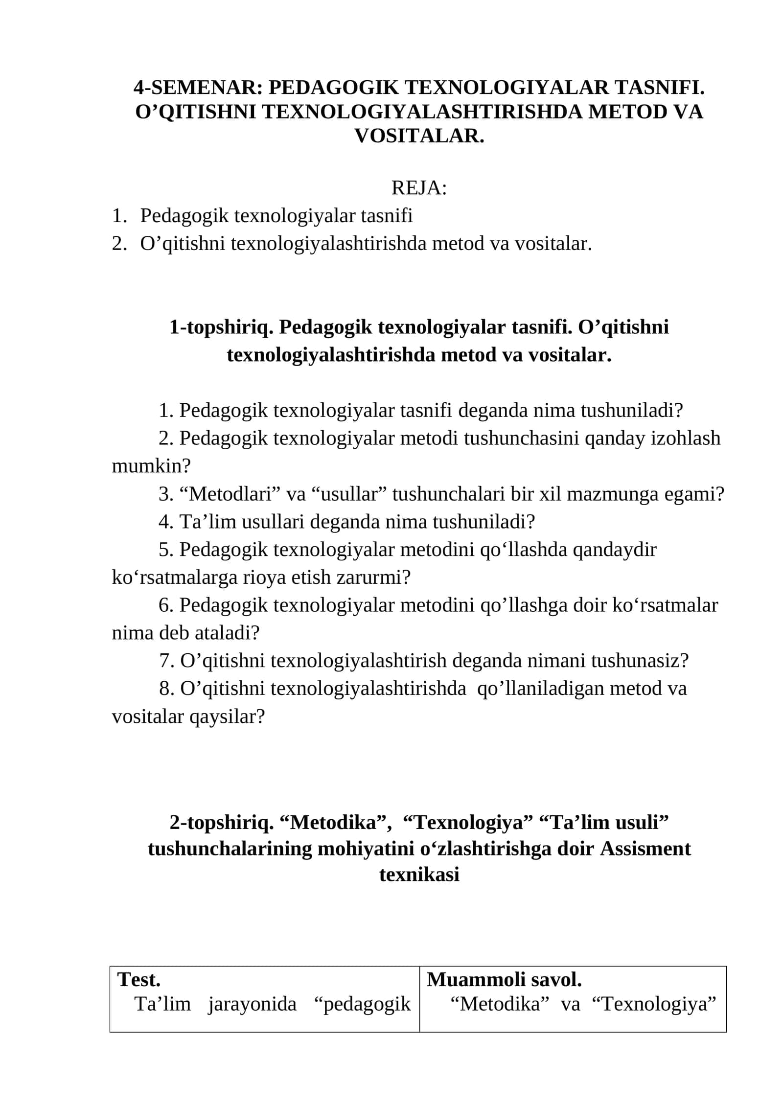 PEDAGOGIK TEXNOLOGIYALAR TASNIFI. O’QITISHNI TEXNOLOGIYALASHTIRISHDA METOD VA VOSITALAR