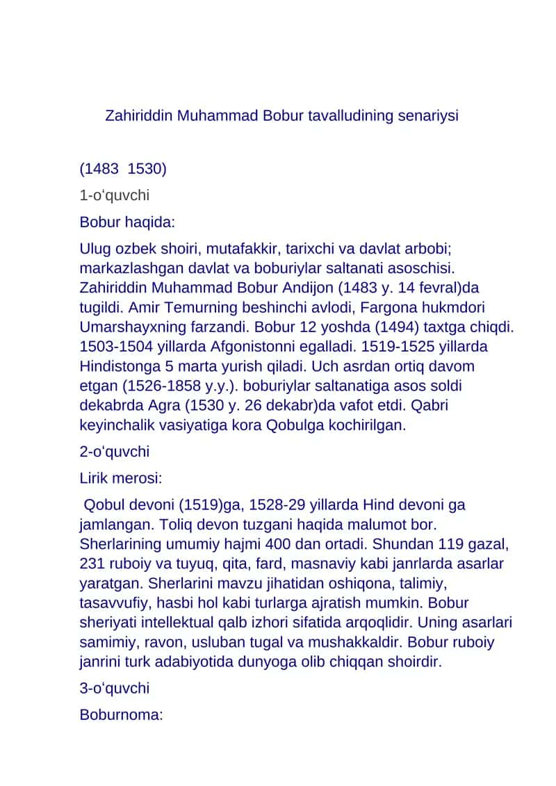 Zahiriddin Muhammad Bobur tavalludining senariysi