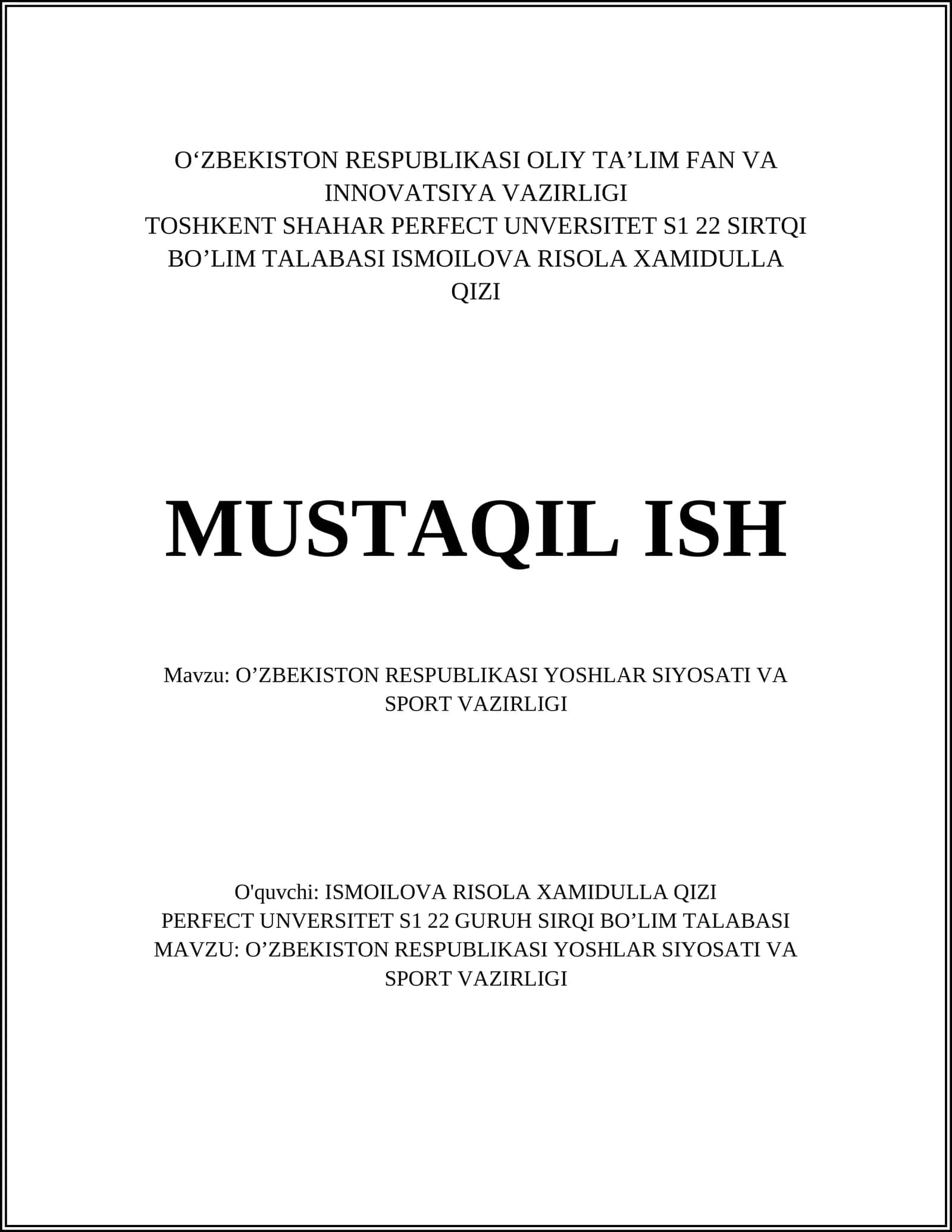 O'ZBEKISTON RESPUBLIKASI YOSHLAR SIYOSATI VA SPORT VAZIRLIGI