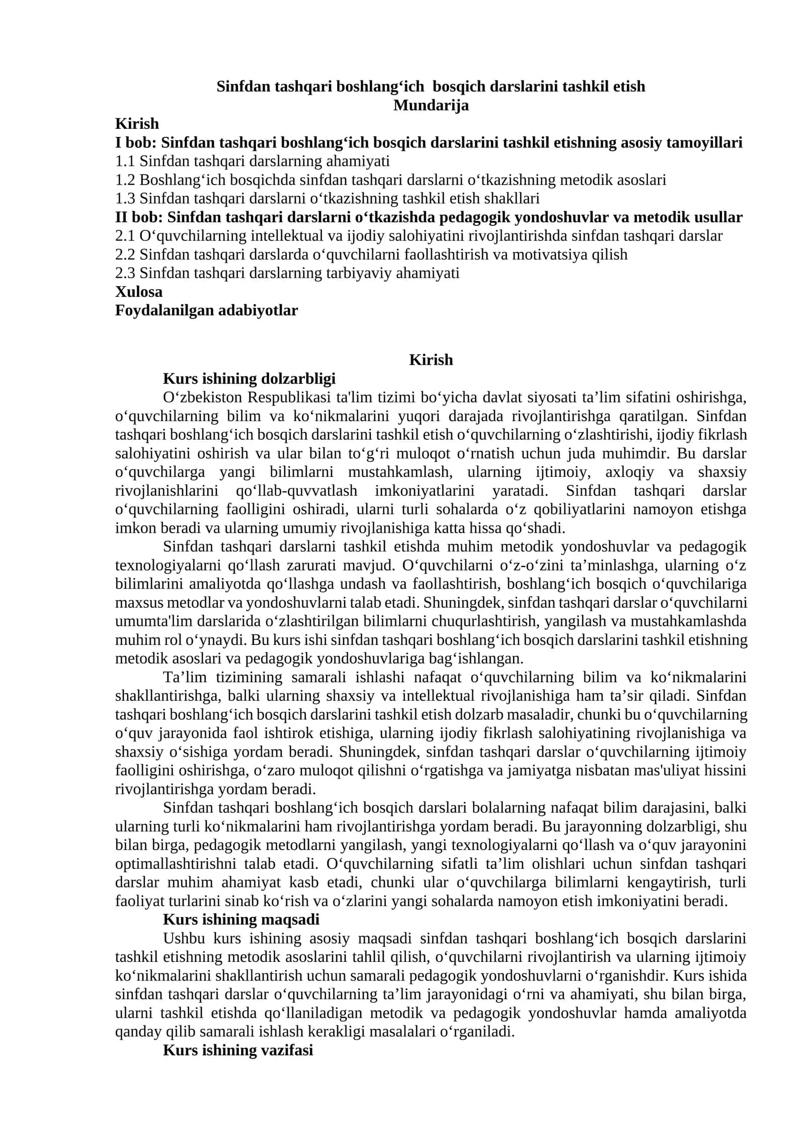 Sinfdan tashqari boshlang‘ich bosqich darslarini tashkil etish