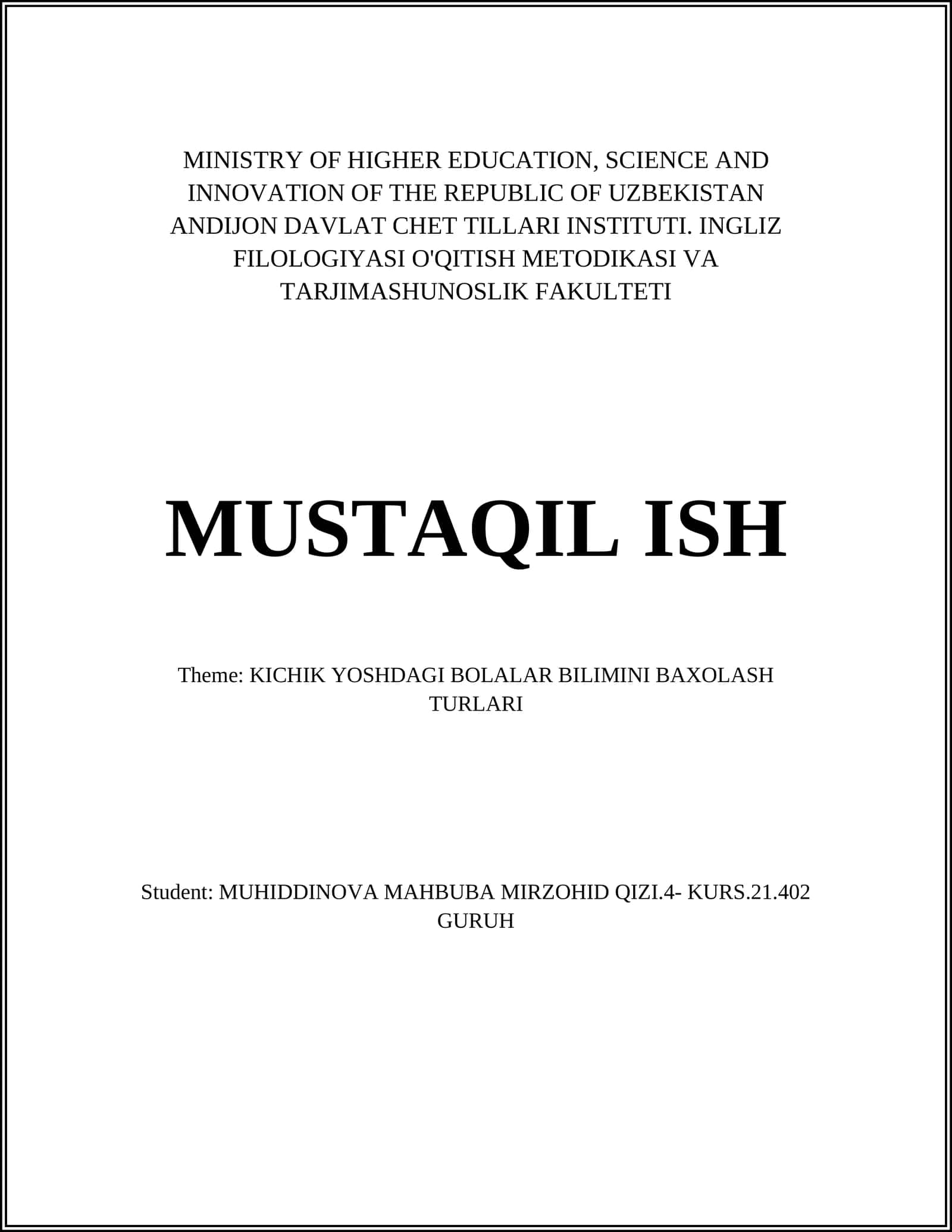 KICHIK YOSHDAGI BOLALAR BILIMINI BAXOLASH TURLARI