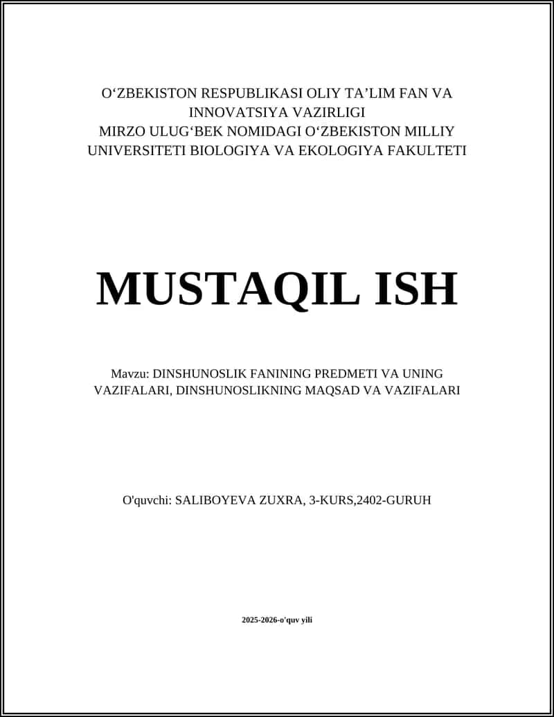 DINSHUNOSLIK FANINING PREDMETI VA UNING VAZIFALARI