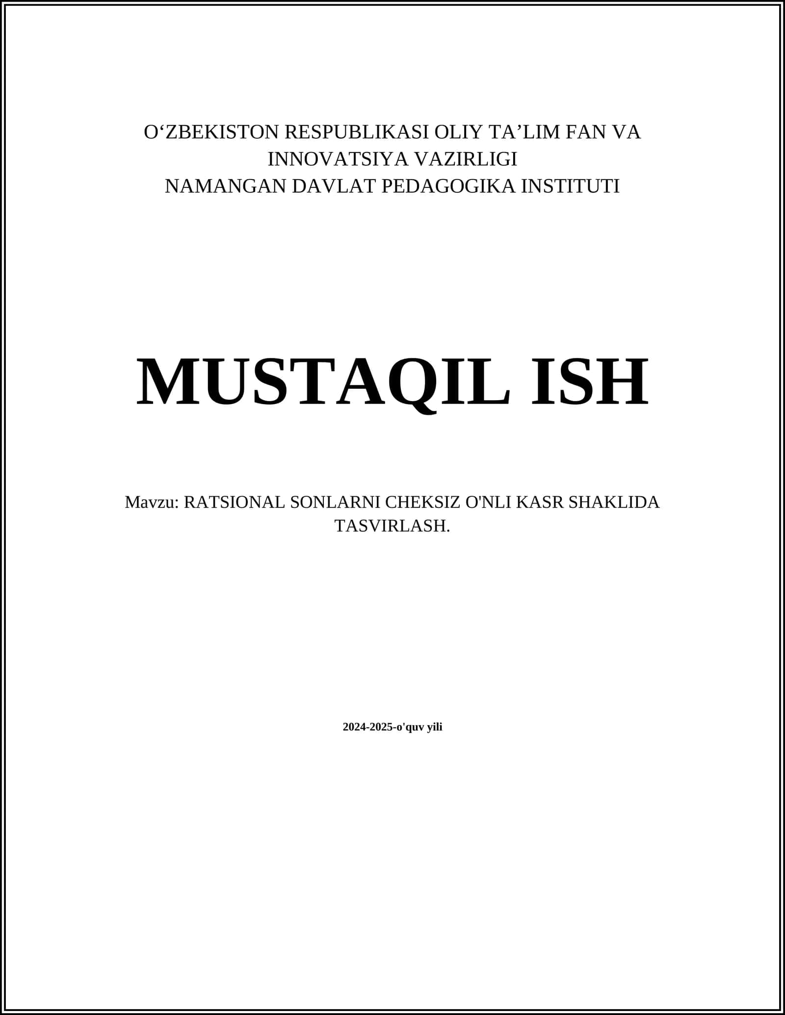 RATSIONAL SONLARNI CHEKSIZ O'NLI KASR SHAKLIDA TASVIRLASH