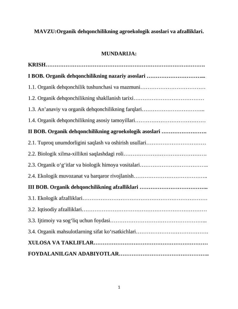 Organik dehqonchilikning agroekologik asoslari va afzalliklari
