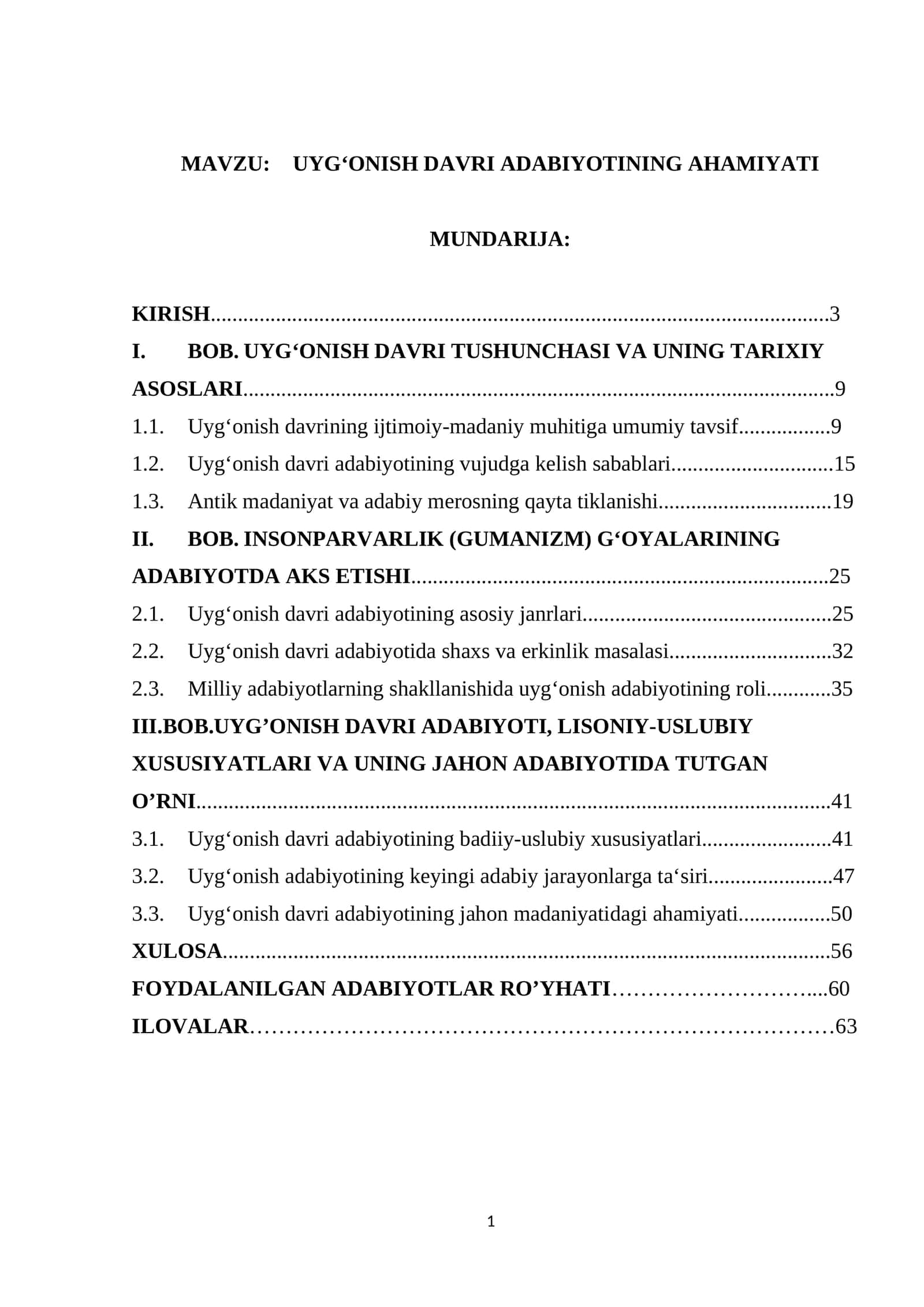 UYGʻONISH DAVRI ADABIYOTINING AHAMIYATI
