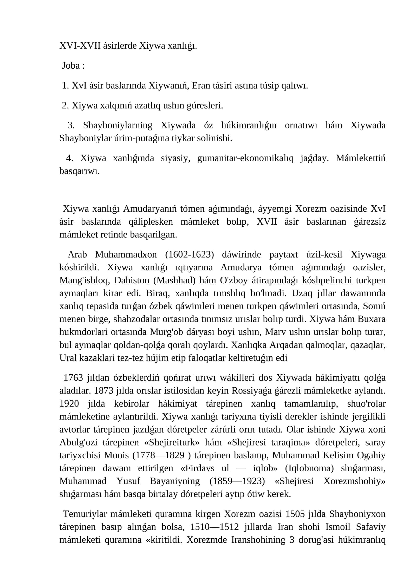 XVI-XVII ásirlerde Xiywa xanlıǵı