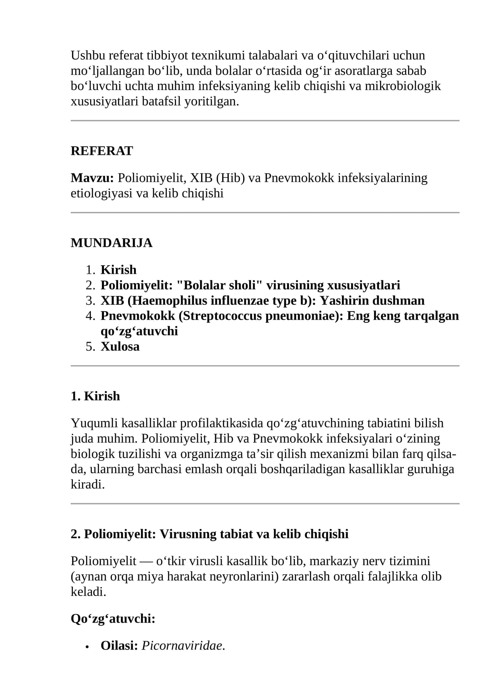 Poliomiyelit, XIB (Hib) va Pnevmokokk infeksiyalarining etiologiyasi va kelib chiqishi