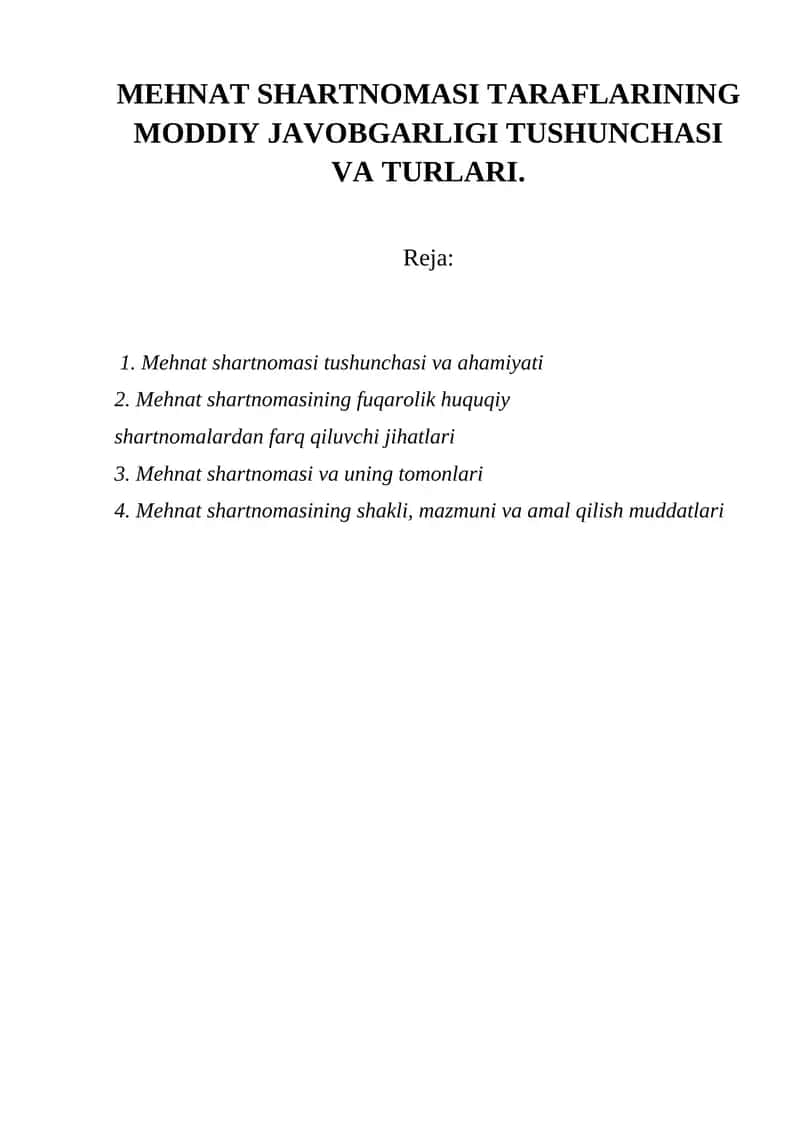 Mehnat Shartnomasi Tushunchasi va Turlari