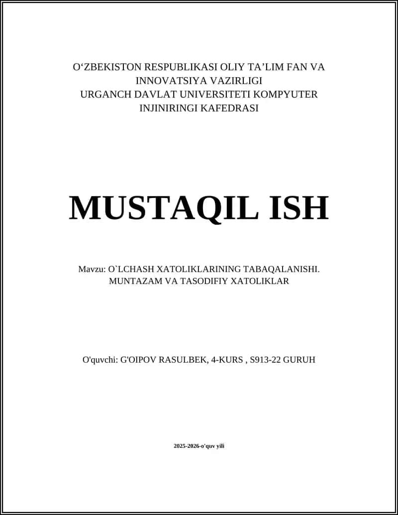 O`LCHASH XATOLIKLARINING TABAQALANISHI