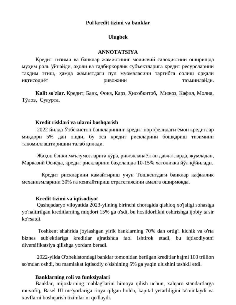 Kredit tizimi va banklar