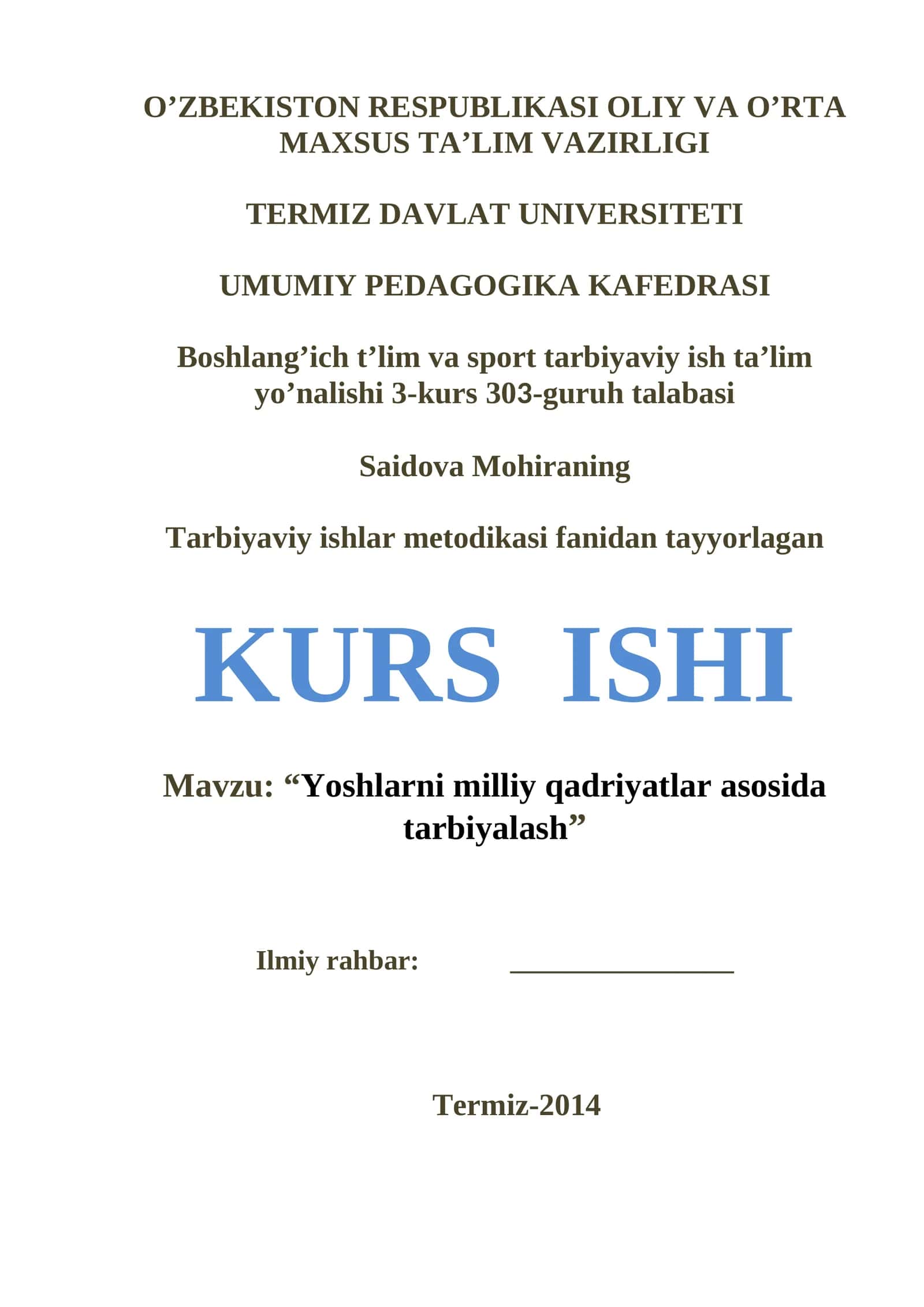 Yoshlarni milliy qadriyatlar asosida tarbiyalash