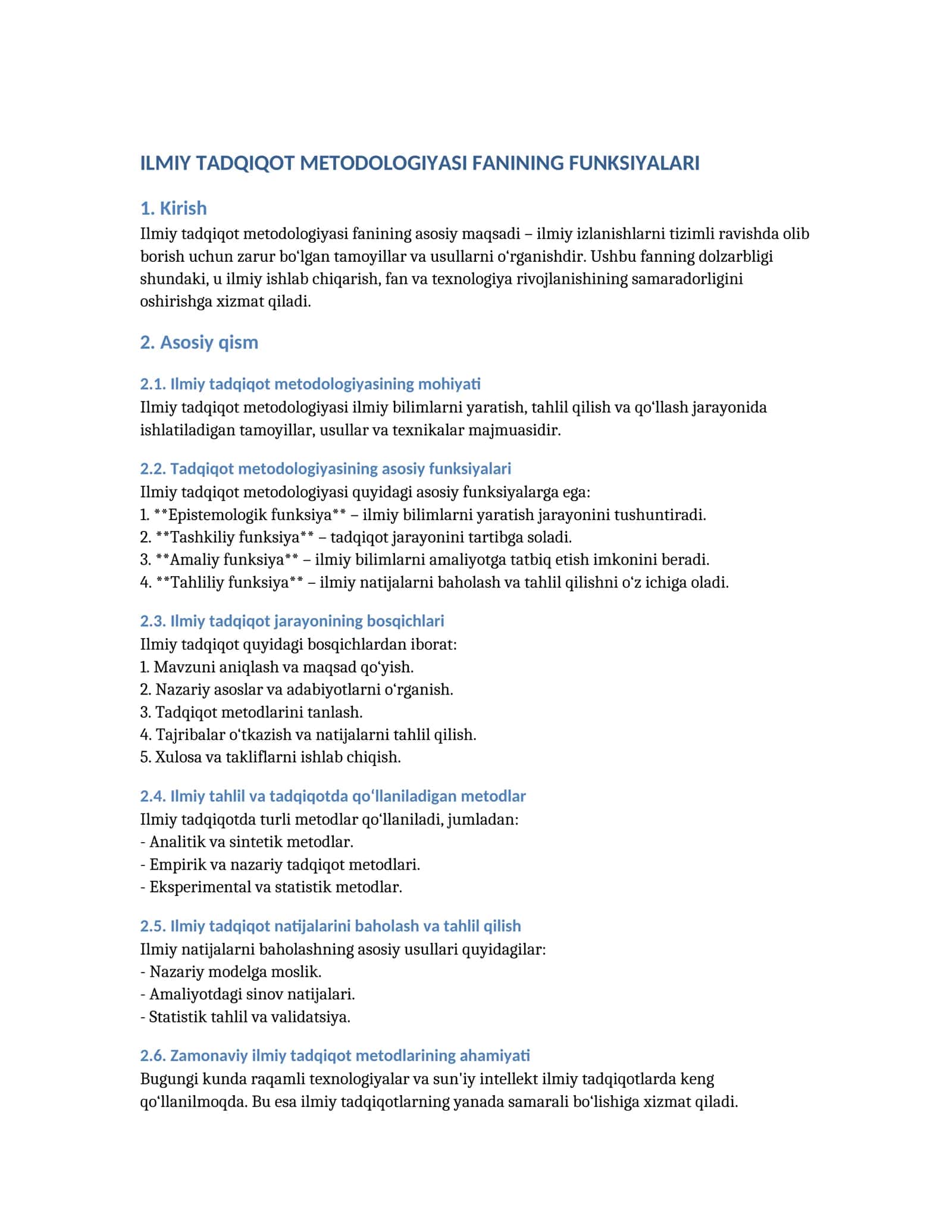 ILMIY TADQIQOT METODOLOGIYASI FANINING FUNKSIYALARI