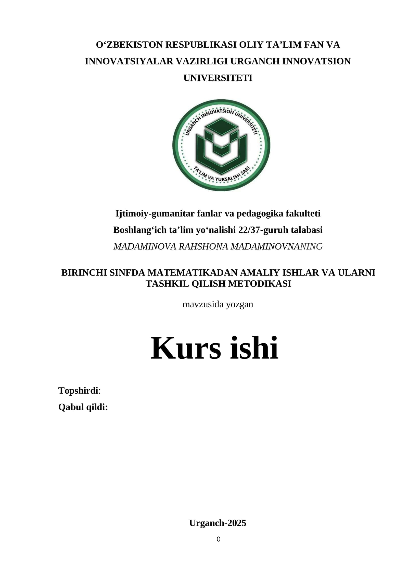 [BIRINCHI SINFDA MATEMATIKADAN AMALIY ISHLAR VA ULARNI TASHKIL QILISH METODIKASI]
