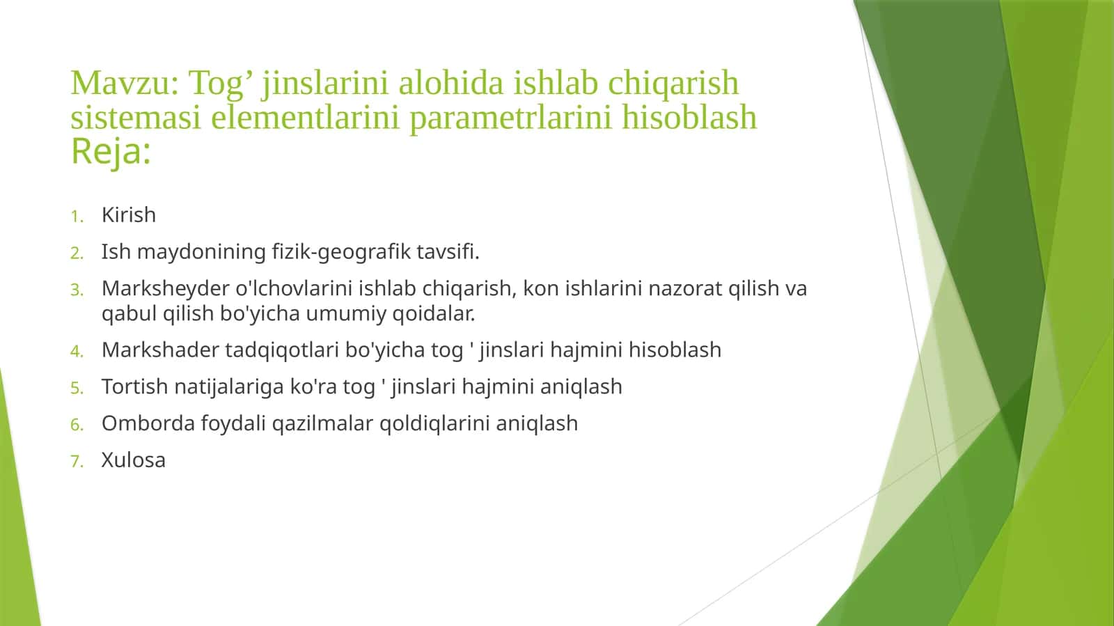 Tog’jinslarinialohidaishlabchiqarishsistemasi elementlariniparametrlarini hisoblash