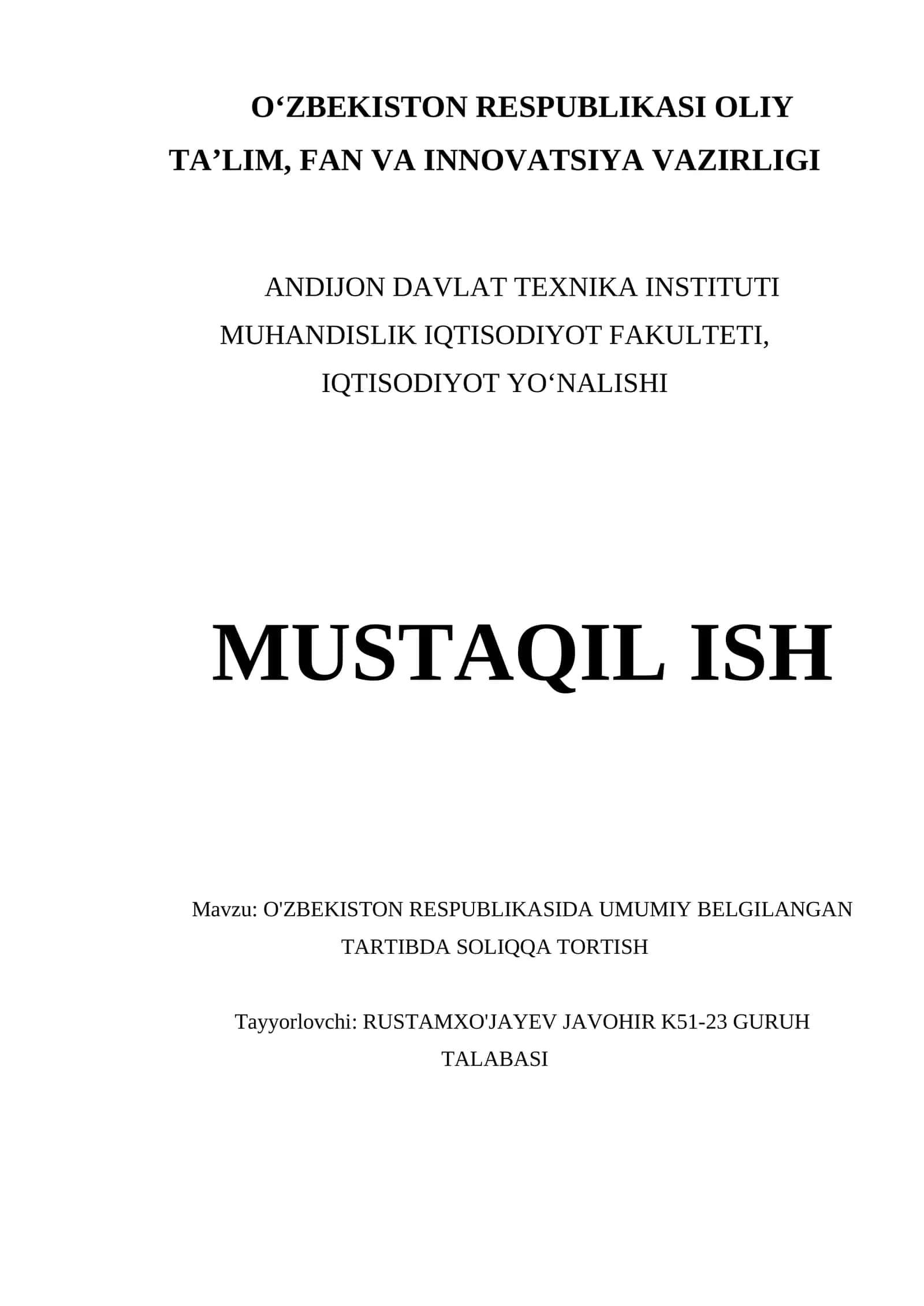 O'ZBEKISTON RESPUBLIKASIDA UMUMIY BELGILANGAN TARTIBDA SOLIQQA TORTISH