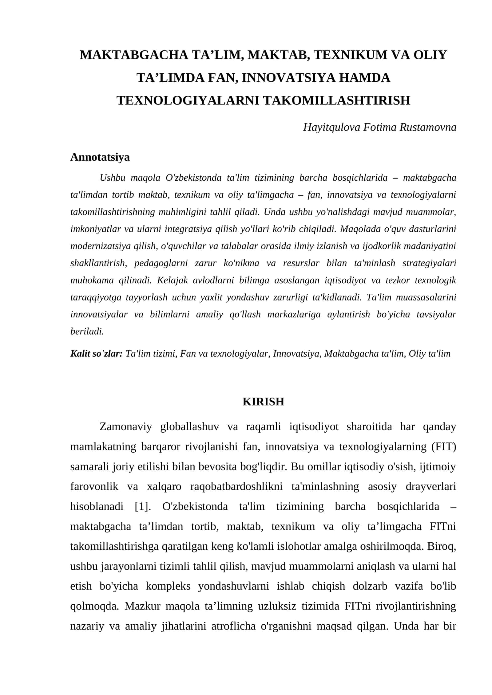 MAKTABGACHA TAʼLIM, MAKTAB, TEXNIKUM VA OLIY TAʼLIMDA FAN, INNOVATSIYA HAMDA TEXNOLOGIYALARNI TAKOMILLASHTIRISH