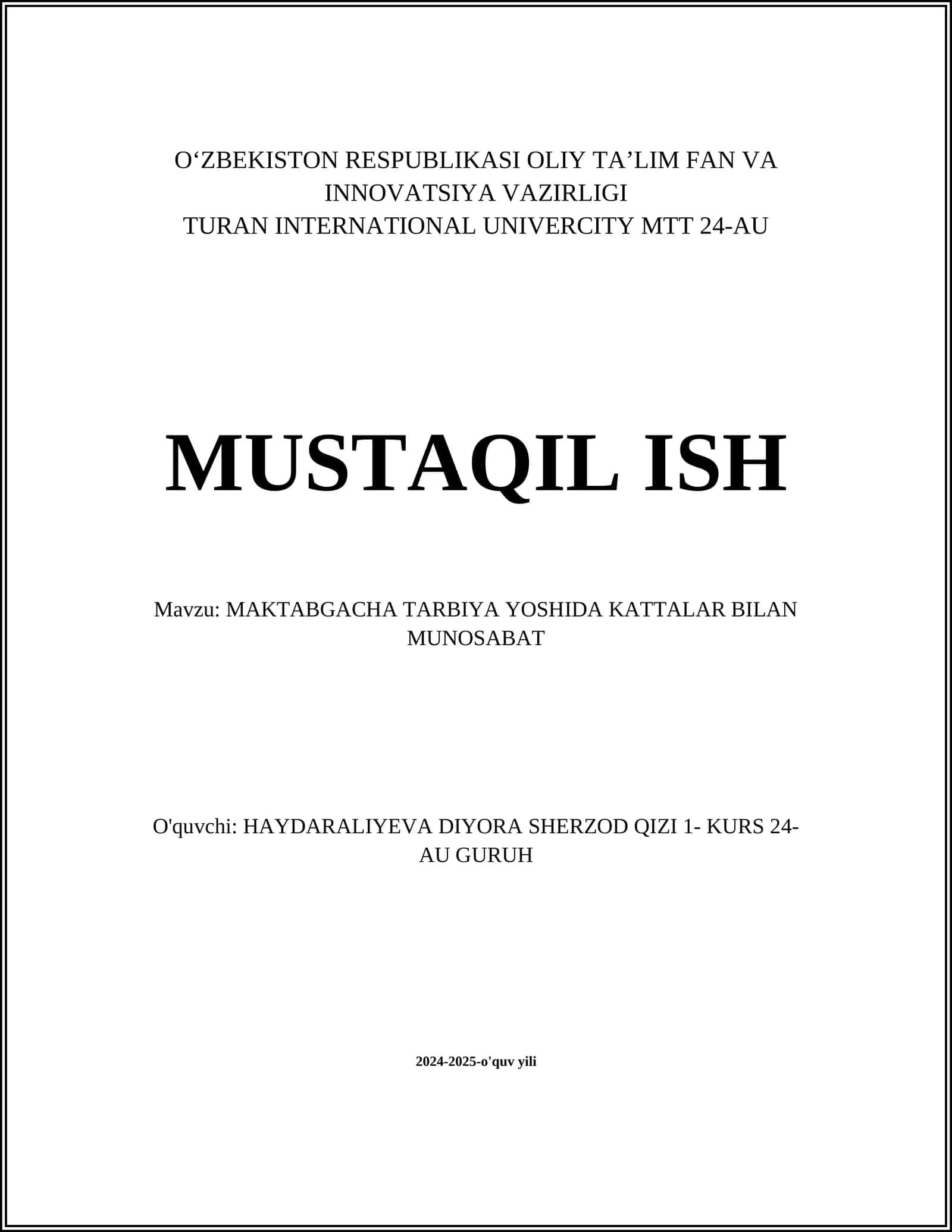 MAKTABGACHA TARBIYA YOSHIDA KATTALAR BILAN MUNOSABAT