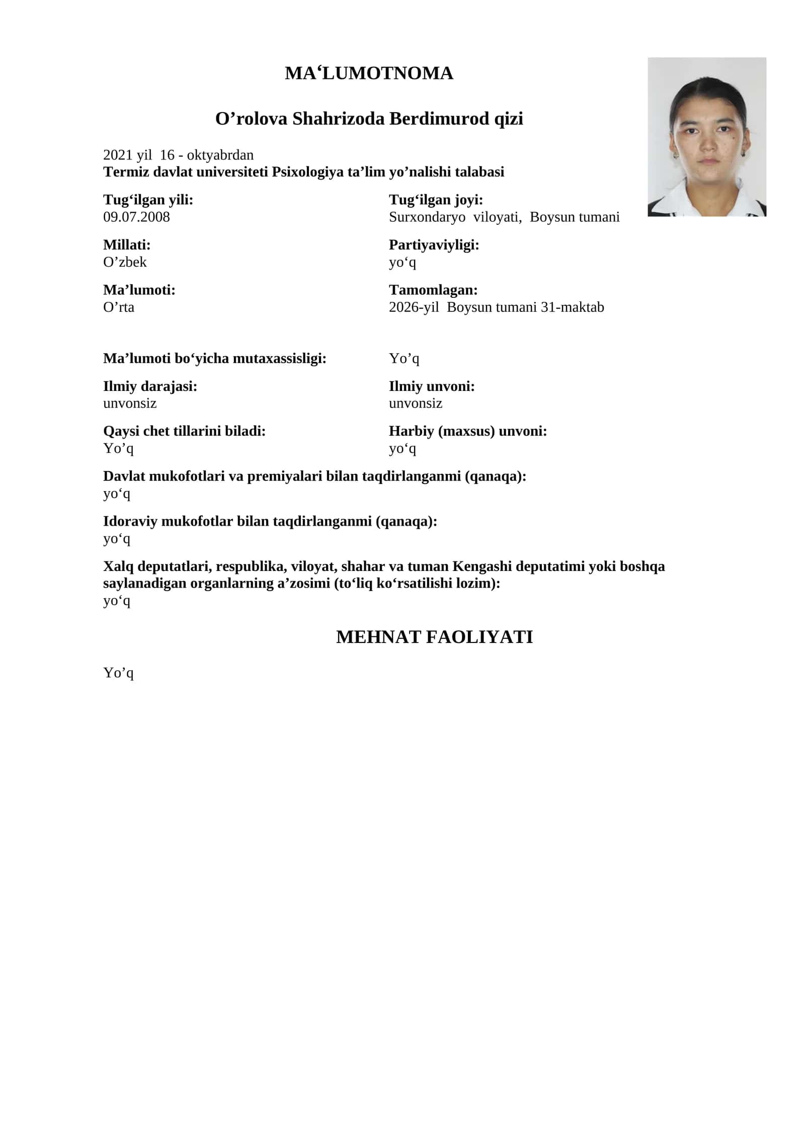 O’rolova Shahrizoda Berdimurod qizi